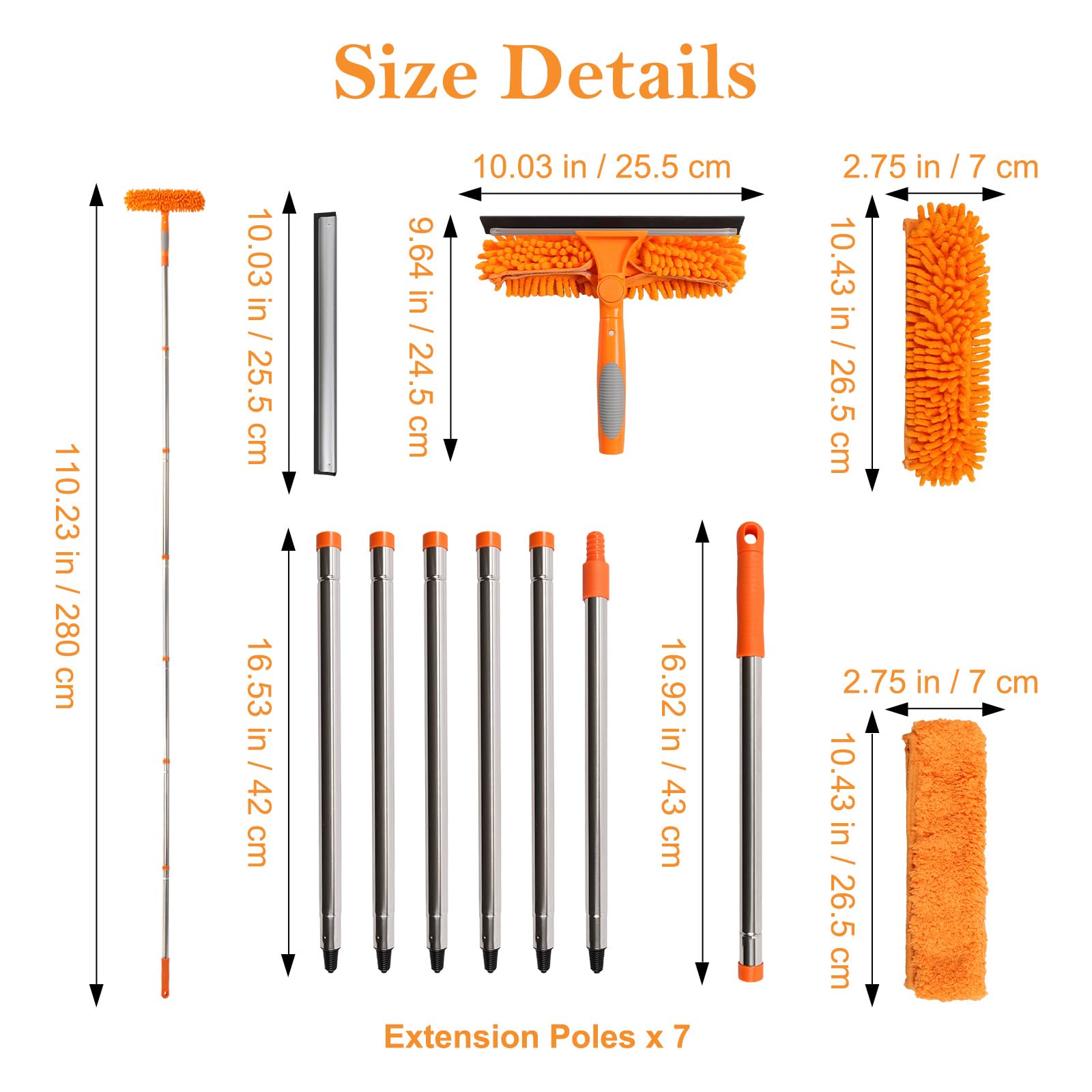 Terafeels 110.23in / 280cm Window Cleaning Tools, 2 Window Squeegees and 3 Cleaning Cloths : 2 in 1 Double-Sided Professional Cleaner with Extension Pole Cleaning Supplies (Orange)