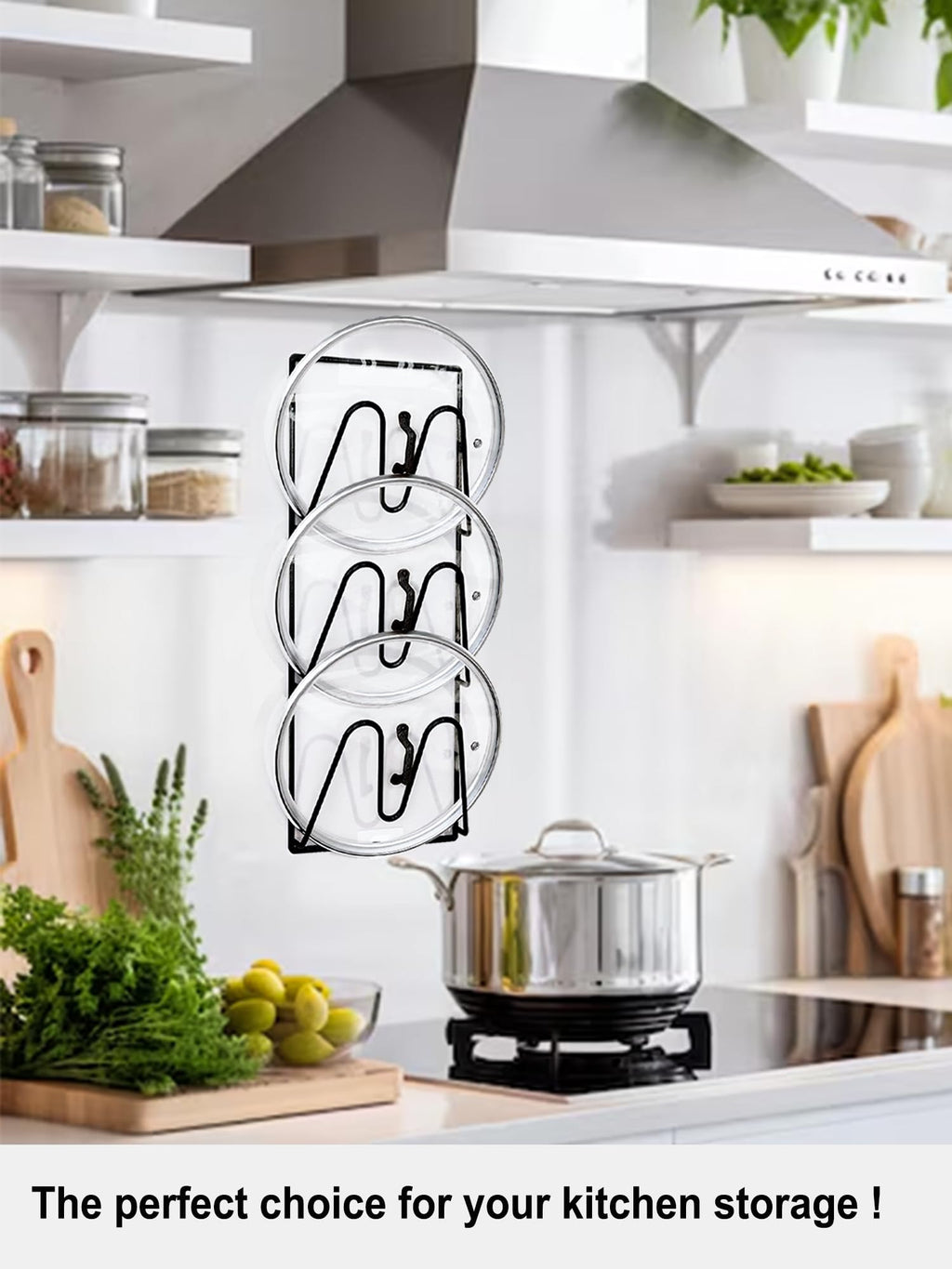 2 Pack Pot Lid Organizer Rack, 6-Tier V-Wall Pot Lid Holder, No Drilling Adhesive Cabinet Door/Wall Mounted Pot Cover Rack, Kitchen Shelf for Pots and Pans (Black)