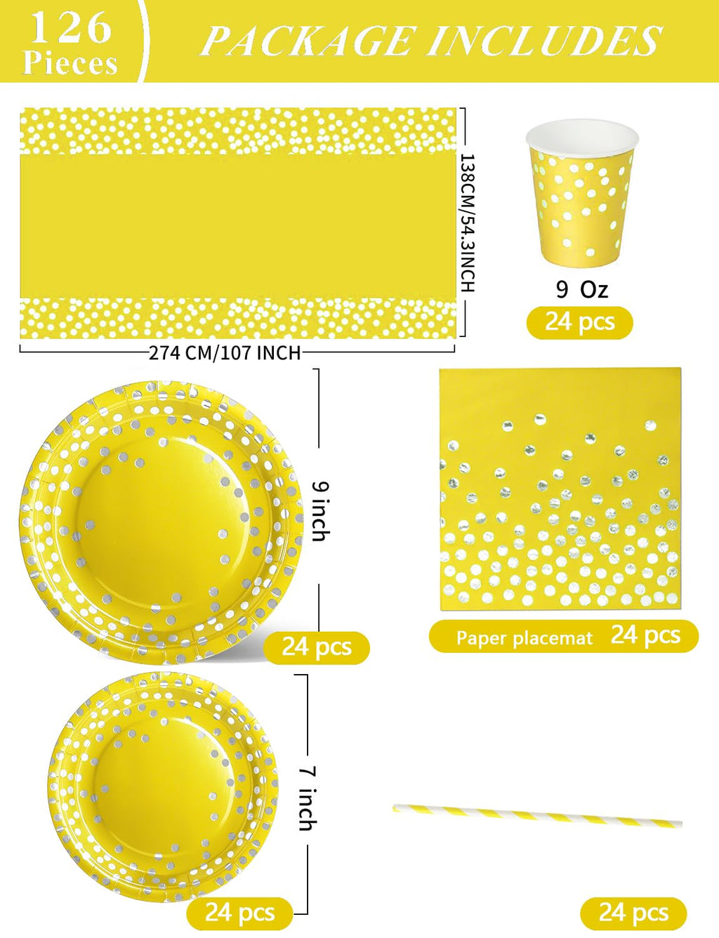 Nkaiso Paper Plates Napkins Cups Set, 126 Piece Yellow and Silver Paper Tableware Set Includes Birthday Paper Plates Napkins Cups Straws for Wedding Shower Engagement Wedding Birthday-25 Guests