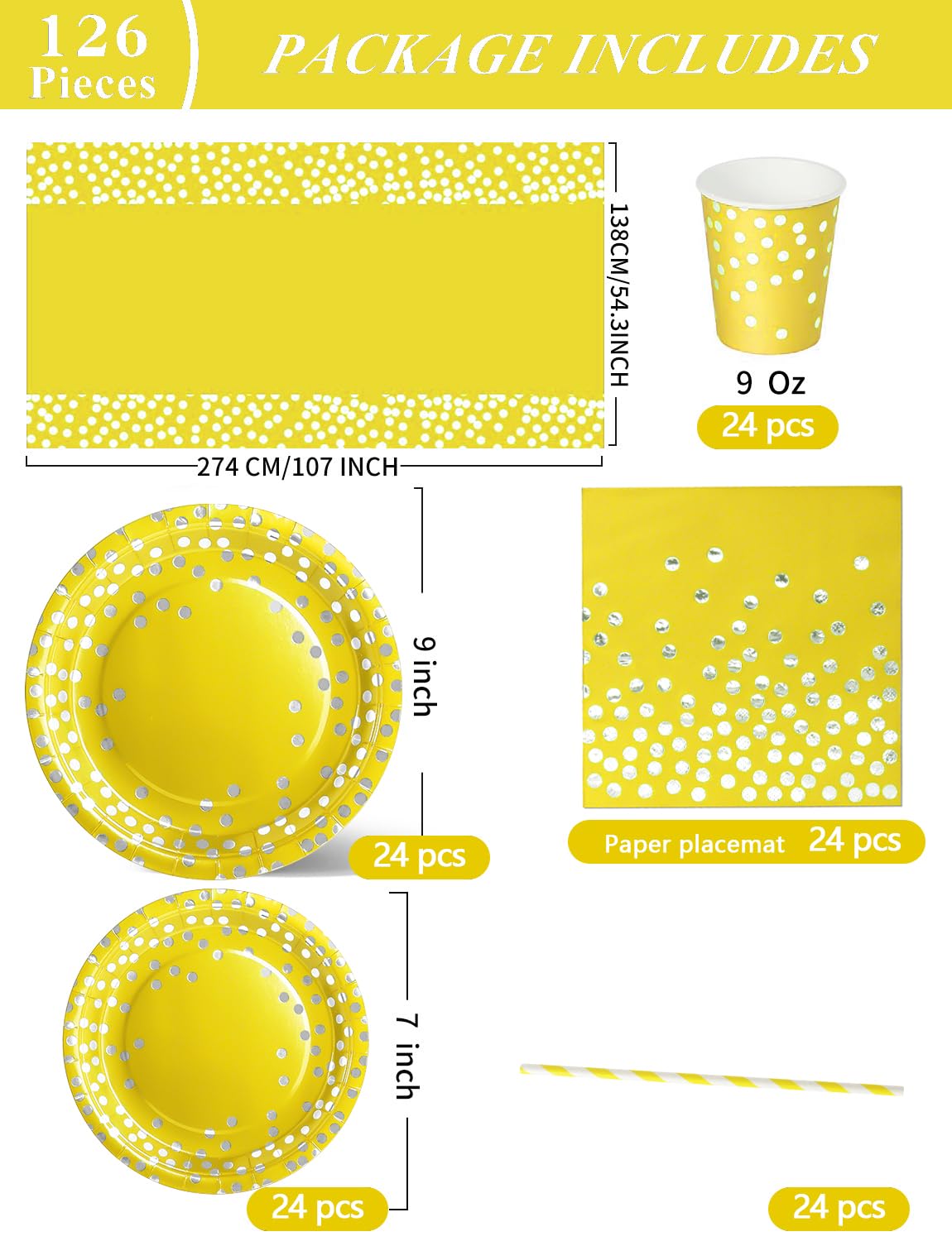 Nkaiso Paper Plates Napkins Cups Set, 126 Piece Yellow and Silver Paper Tableware Set Includes Birthday Paper Plates Napkins Cups Straws for Wedding Shower Engagement Wedding Birthday-25 Guests