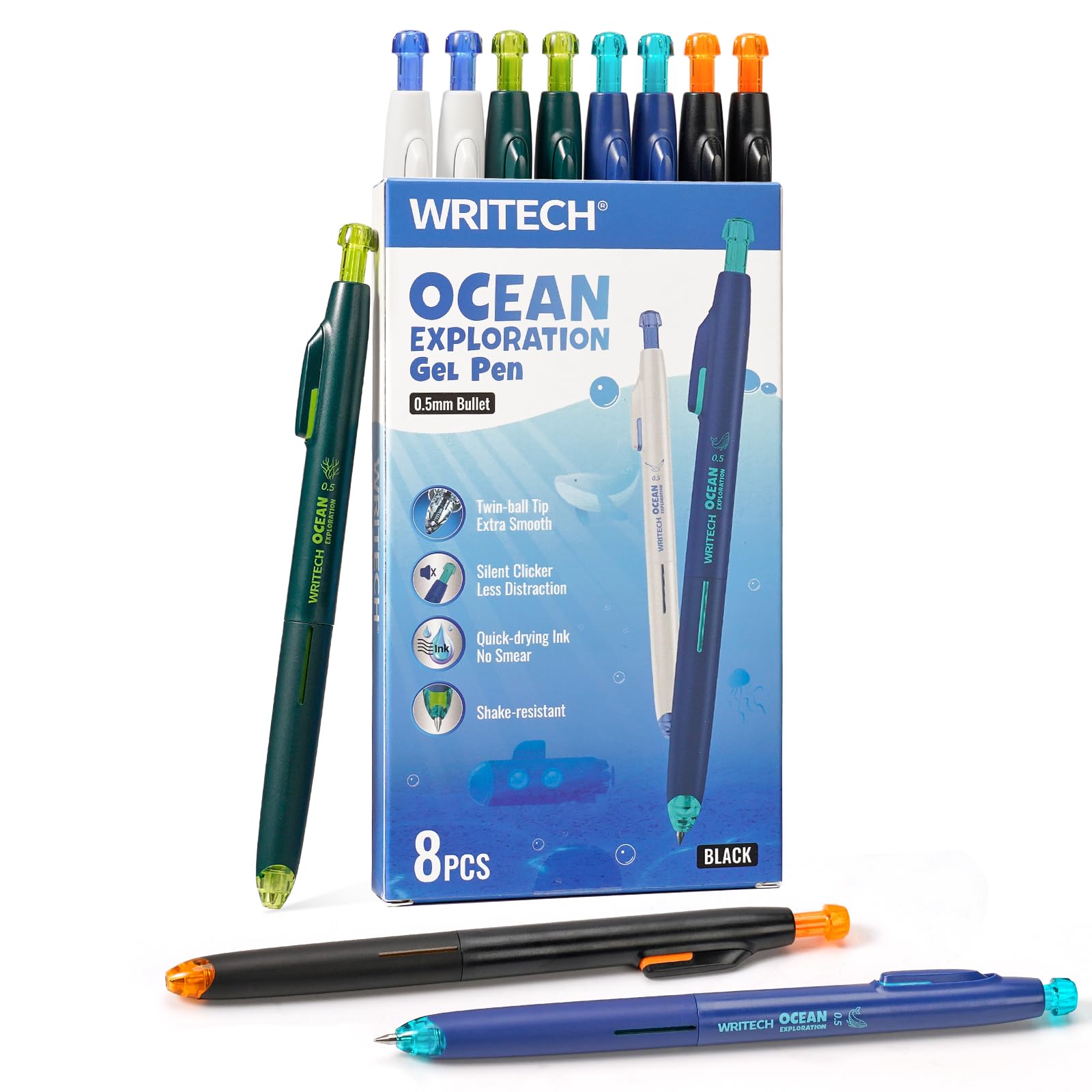 WRITECH Retractable Gel Ink Pens: 8ct Black Ink 0.5mm Fine Point Tip Click Pen for Smooth Writing Journaling Note Taking Sketching No Smudge & Smear