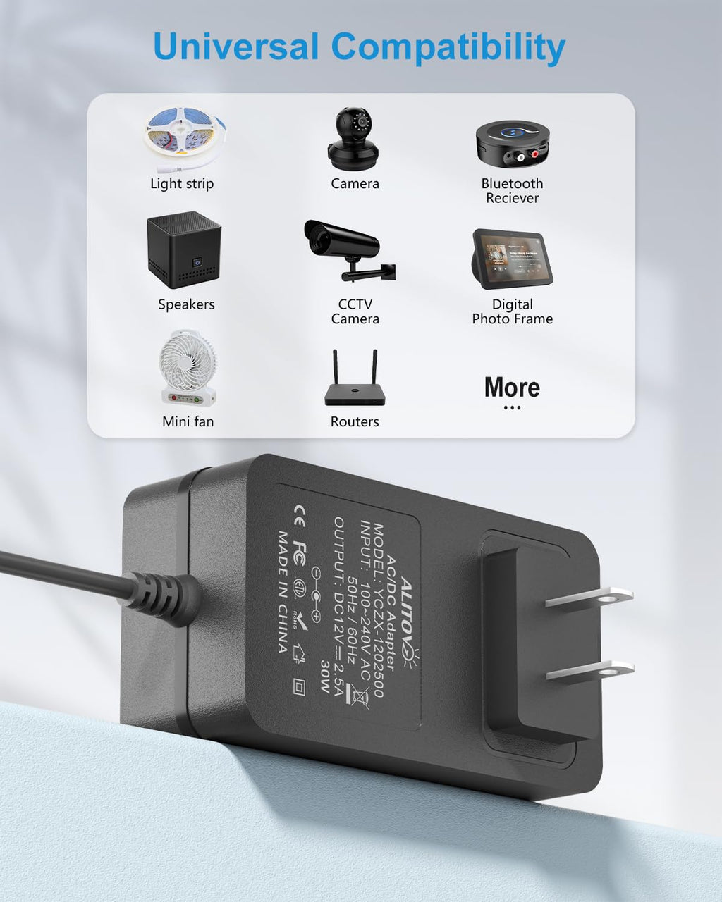 ALITOVE 12 Volt Power Supply 2.5A AC/DC Adapter 100~240V 50-60hz to DC 12V Power Cord Transformer 2.5 Amp AC to DC Converter 6.2FT with 14 Tips for LED Light CCTV Security Camera PC Monitor Router