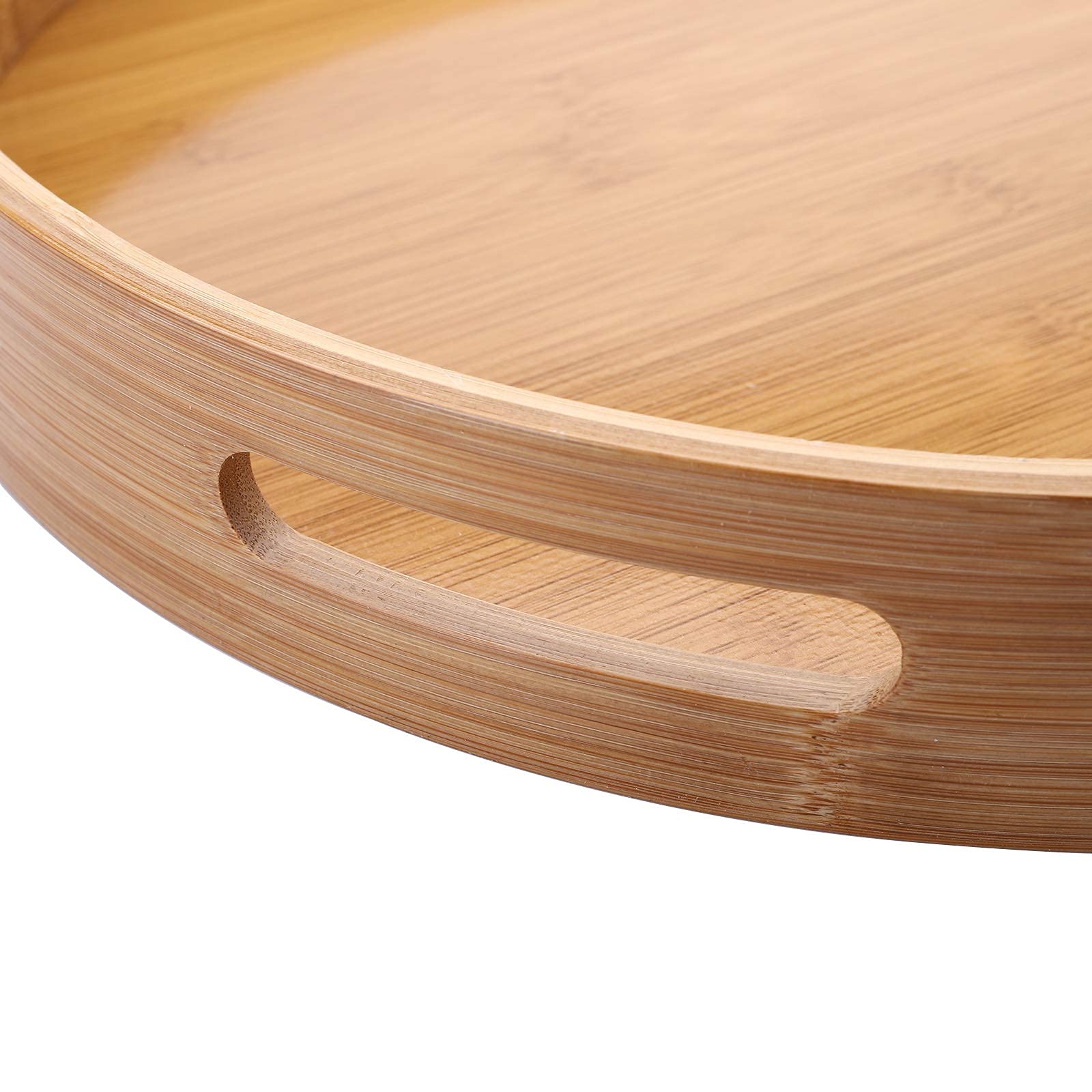 Jucoan 13.8 Inch Large Round Bamboo Serving Tray, Bamboo Wood Circle Tray with Handles, Round Ottoman Food Tray for Serving Breakfast, Drinks, Snack on Home Dining Table