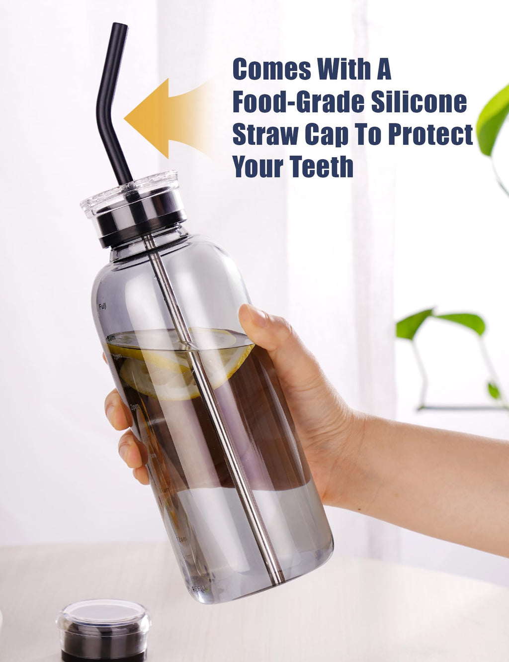 NiHome 750ml Borosilicate Glass Water Bottle with Caps, Stainless Straw, Brush and Silicone Lid, Leak-Proof Travel Bottle