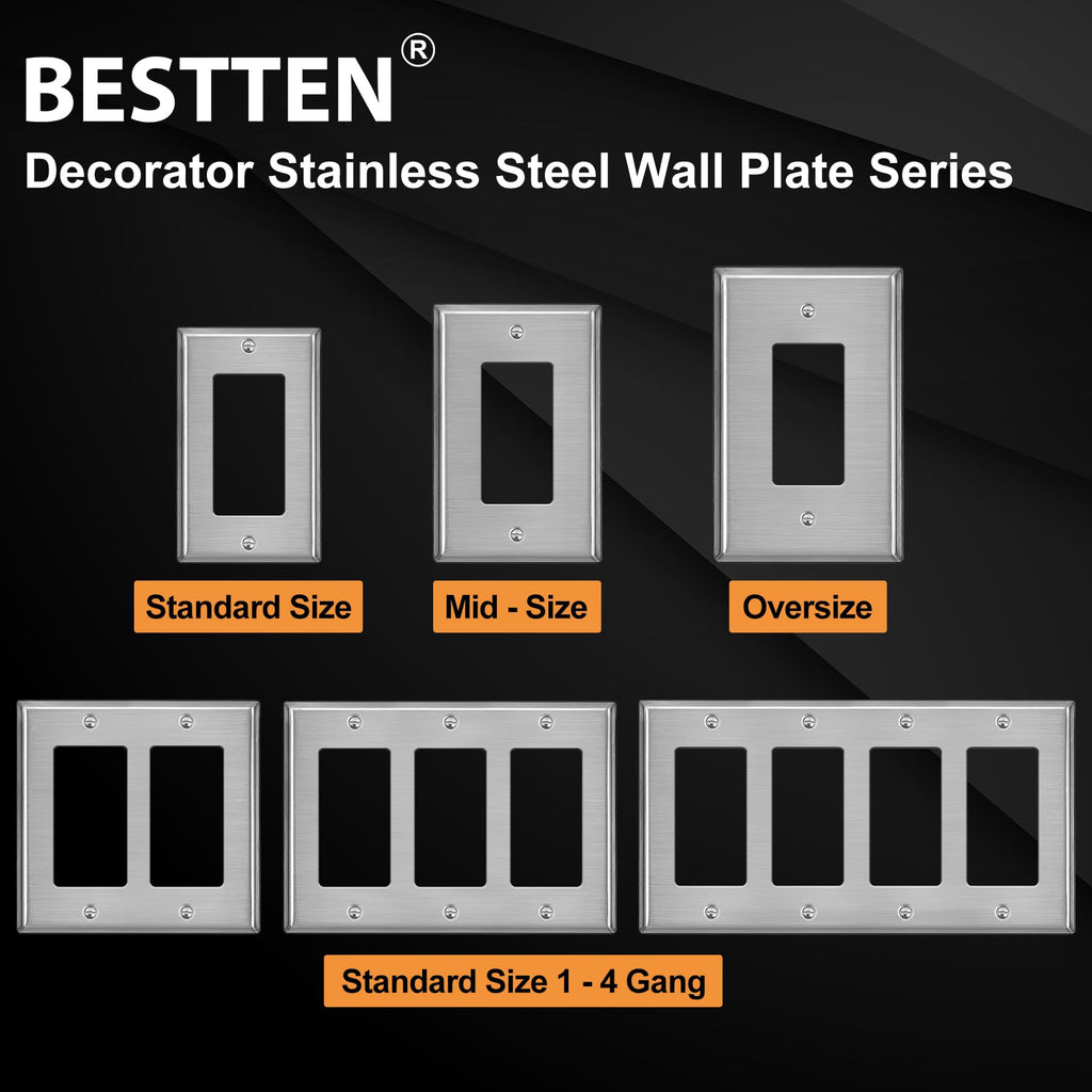 BESTTEN 10 Pack 1-Gang Decorator Metal Wall Plate with Protective Film, Heavy Duty Brushed Finish Faceplate, Corrosion-Resistant Decor Stainless Steel Outlet and Switch Cover, Standard Size, Silver