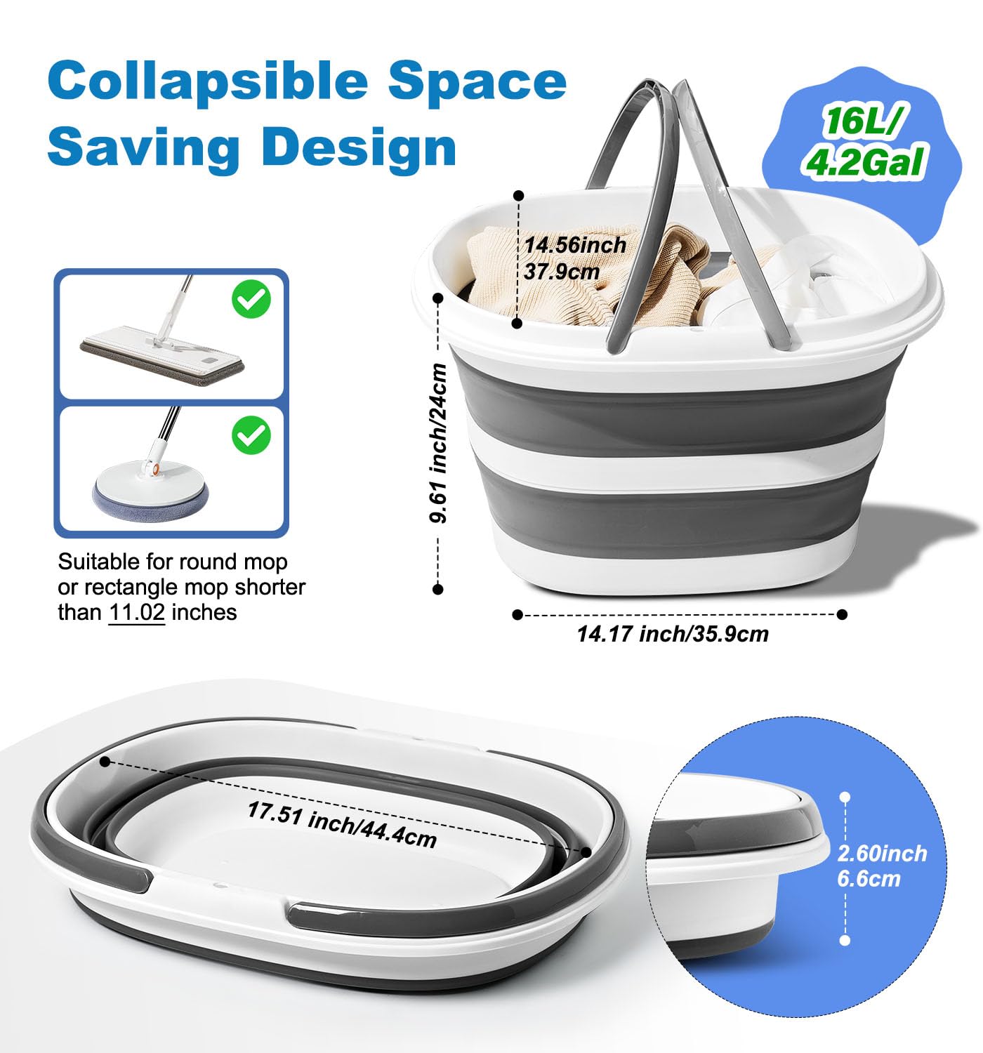 Zonopy 16L Collapsible Mop Bucket with Handles - Space Saving Foldable Silicone Tub for Cleaning, Laundry, Storage - Portable Wash Basin for Home & Car - 4.2 Gallon Compact Utility Bucket
