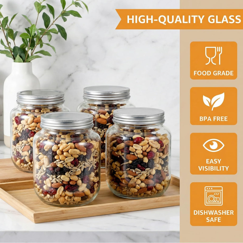 Coloch 4 Pack 64 Oz Half Gallon Glass Jar with Airtight Metal Lid, Clear Food Storage Jar Wide Mouth Glass Pantry Container for Candy, Cookie, Flour, Kombucha Tea, Fermenting