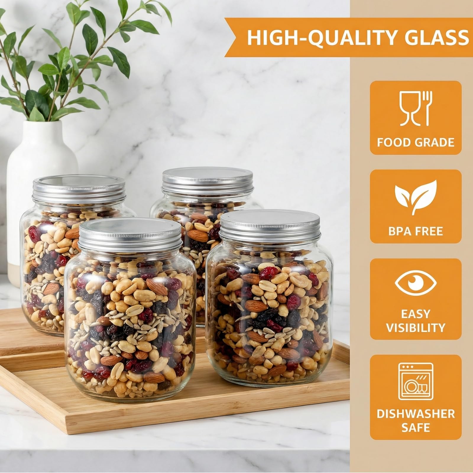 Coloch 4 Pack 64 Oz Half Gallon Glass Jar with Airtight Metal Lid, Clear Food Storage Jar Wide Mouth Glass Pantry Container for Candy, Cookie, Flour, Kombucha Tea, Fermenting
