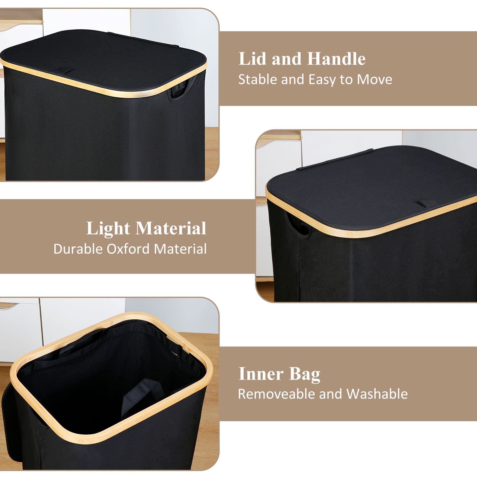 Laundry Hamper with Lid - Waterproof Freestanding Laundry Basket with Removable Liner Bag, Collapsible 110L Large Clothes Storage Laundry Bin with Easy Carry Bamboo Handle for Clothes Toys Organizer