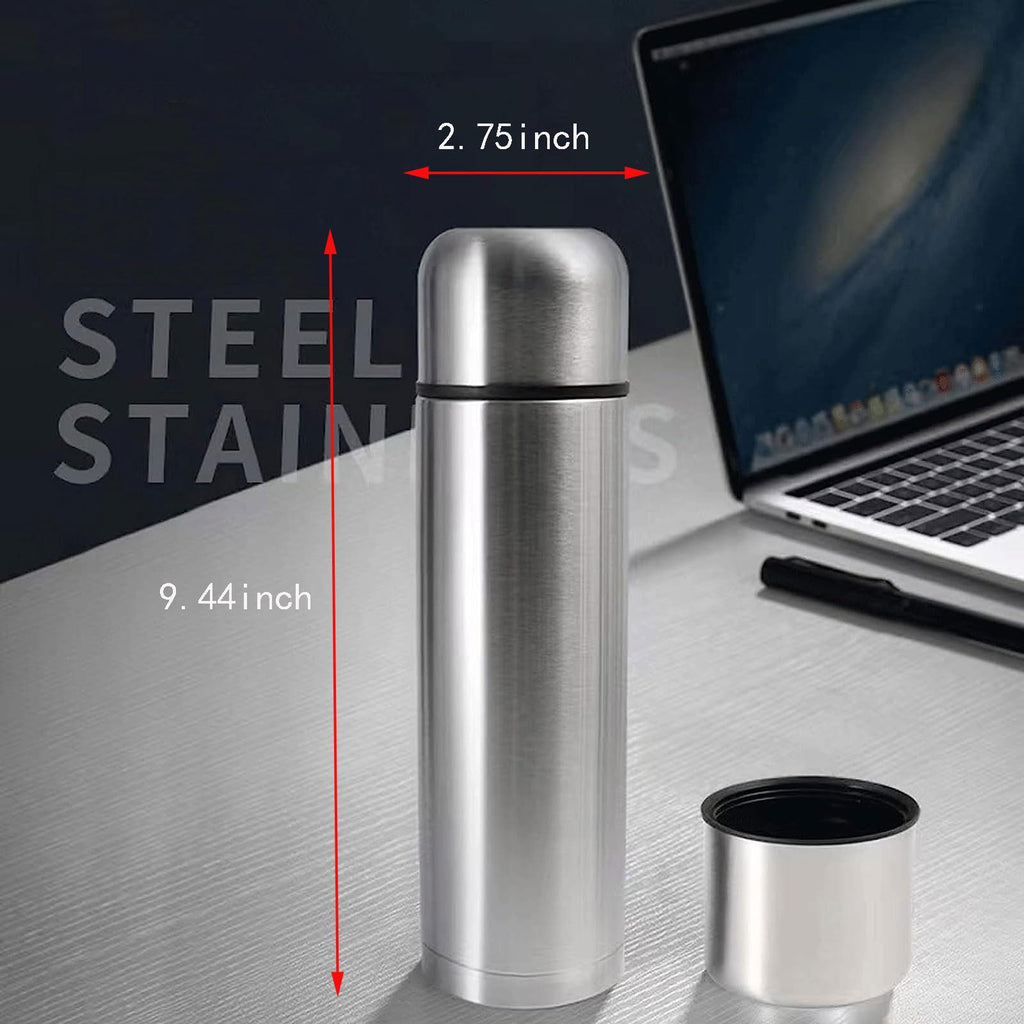 Stainless Steel Thermal Bottle for Hot and Cold Drinks Travel Coffee Mug with Cup Water Flask Vacuum Insulated Tumbler 17 oz/500ml （Silver）