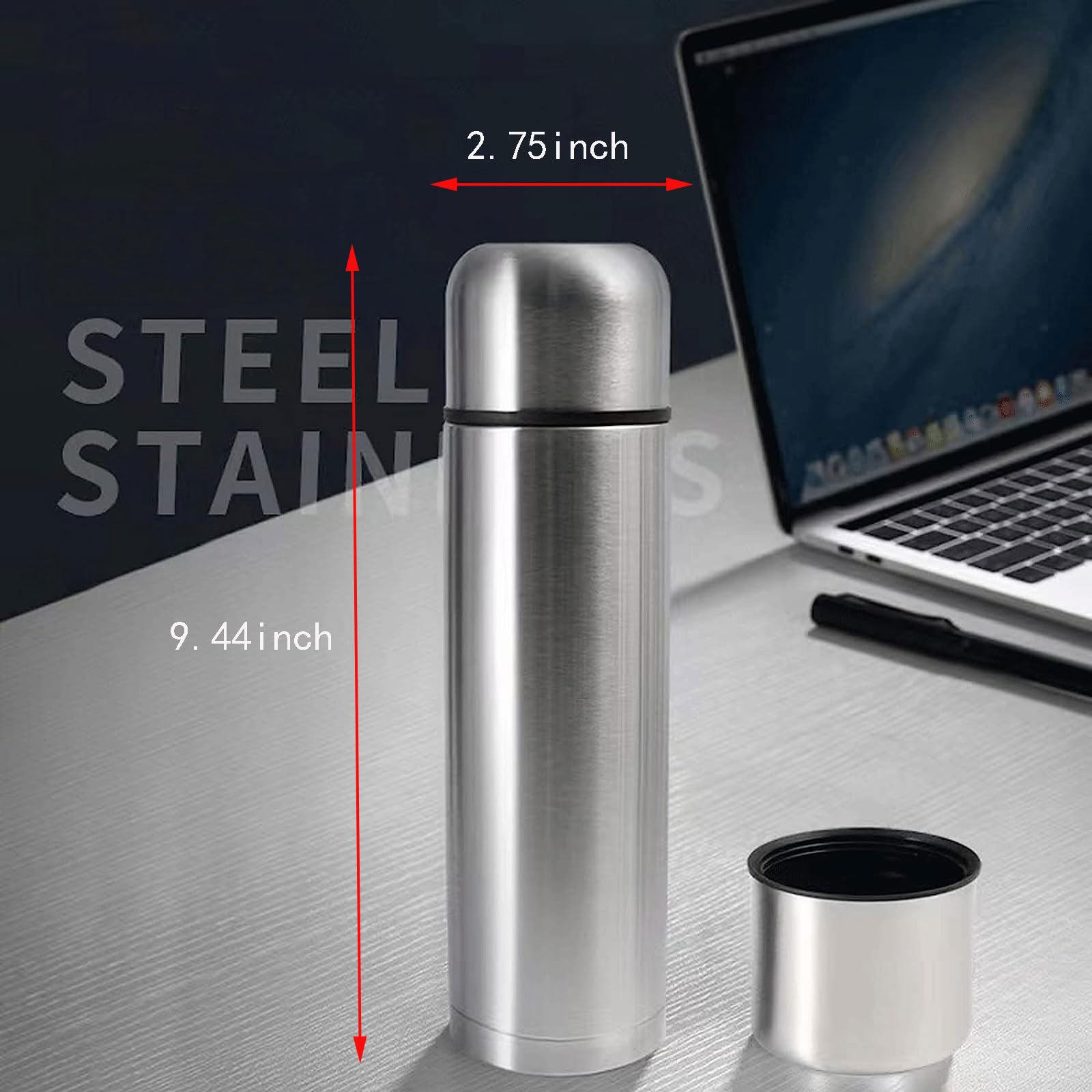 Stainless Steel Thermal Bottle for Hot and Cold Drinks Travel Coffee Mug with Cup Water Flask Vacuum Insulated Tumbler 17 oz/500ml （Silver）