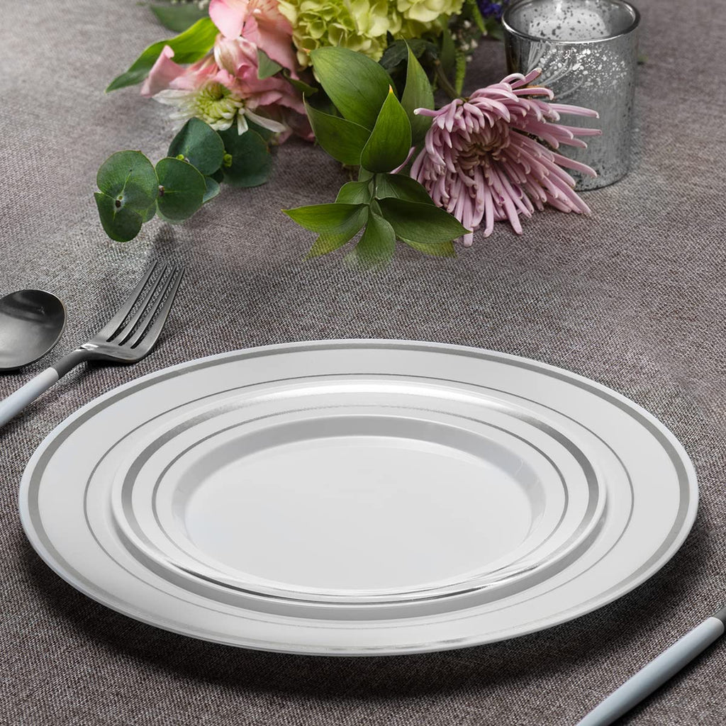 SETUP [60 Piece] Combo White Silver Rimmed Plates, Disposable Plates for Party - Premium Heavy-Duty Wedding Plates, 30 Disposable 10.25" Dinner Plates and 30 Disposable 7.5" Salad Plates