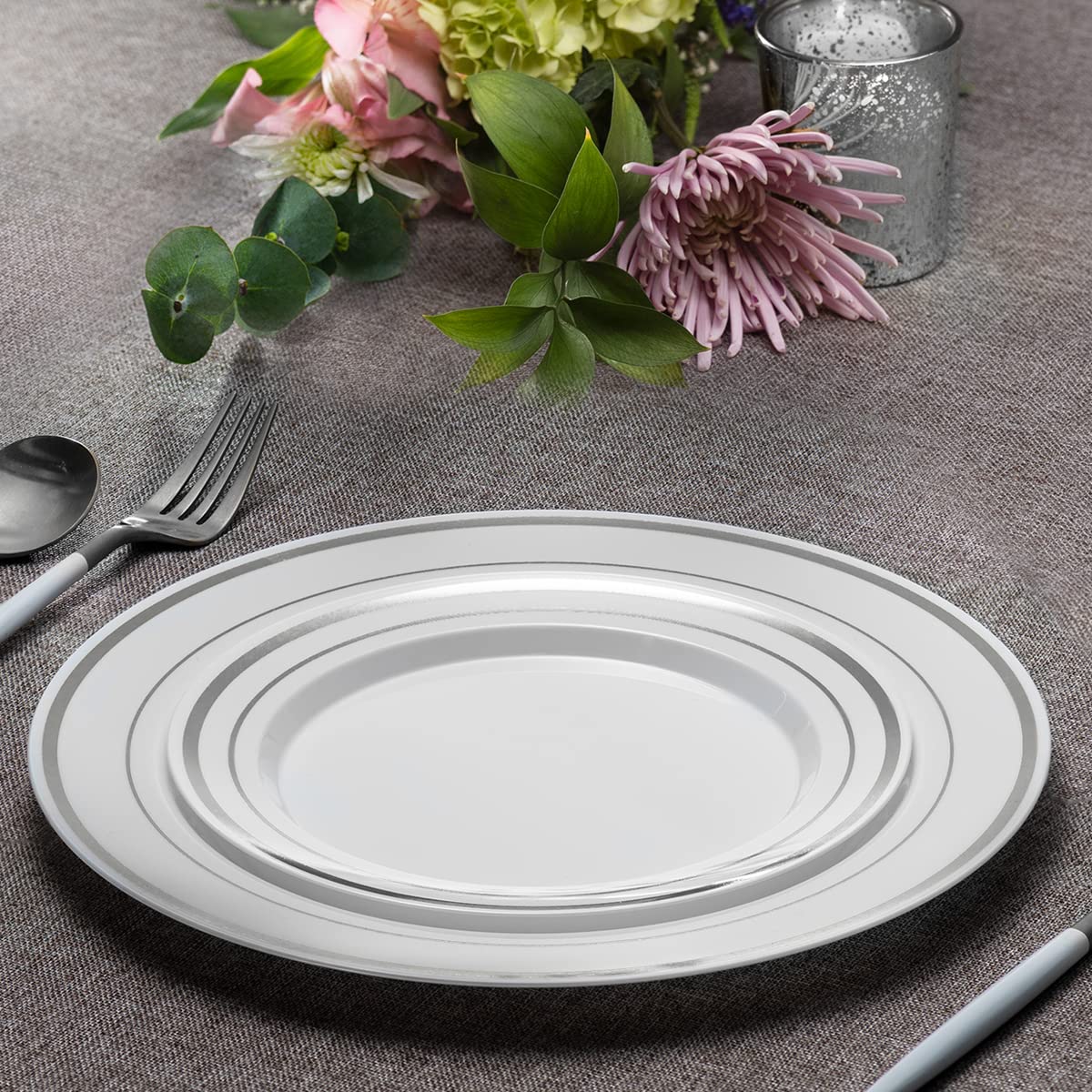 SETUP [60 Piece] Combo White Silver Rimmed Plates, Disposable Plates for Party - Premium Heavy-Duty Wedding Plates, 30 Disposable 10.25" Dinner Plates and 30 Disposable 7.5" Salad Plates