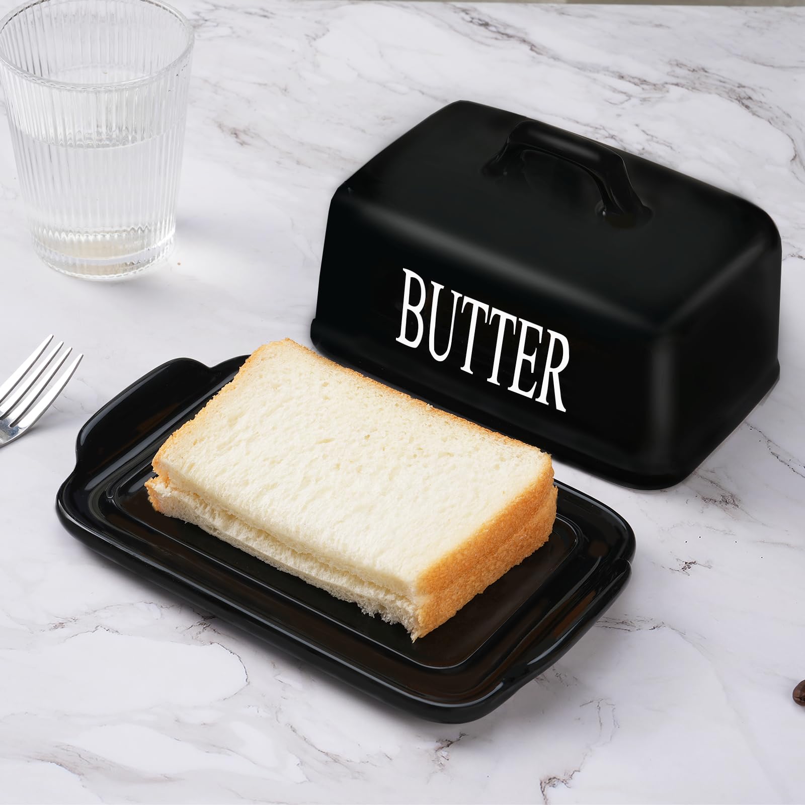 KAIBARE Butter Dish for 1 LB of Canadian Butter, Large Porcelain Butter Keeper with Lid Fit an Entire Pound Brick of Butter, Ceramic Butter Container for Countertop, Butter Storage, Color: Black