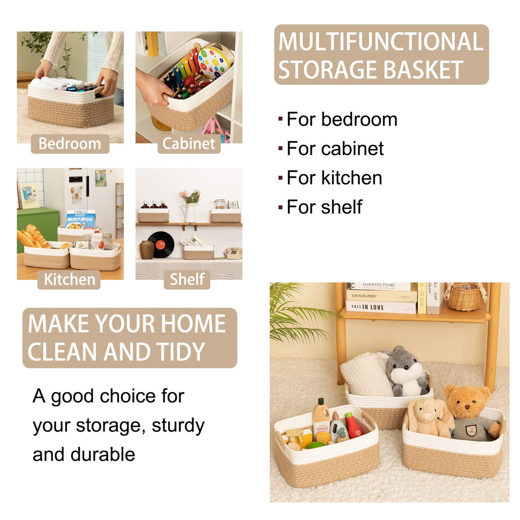 OIAHOMY 12.8x9x5.5in Woven Baskets for Storage, Storage Baskets for Shelves, Cotton Rope basket set of 3, Decorative Storage Baskets, Rectangle Basket With Handles,Brown and White