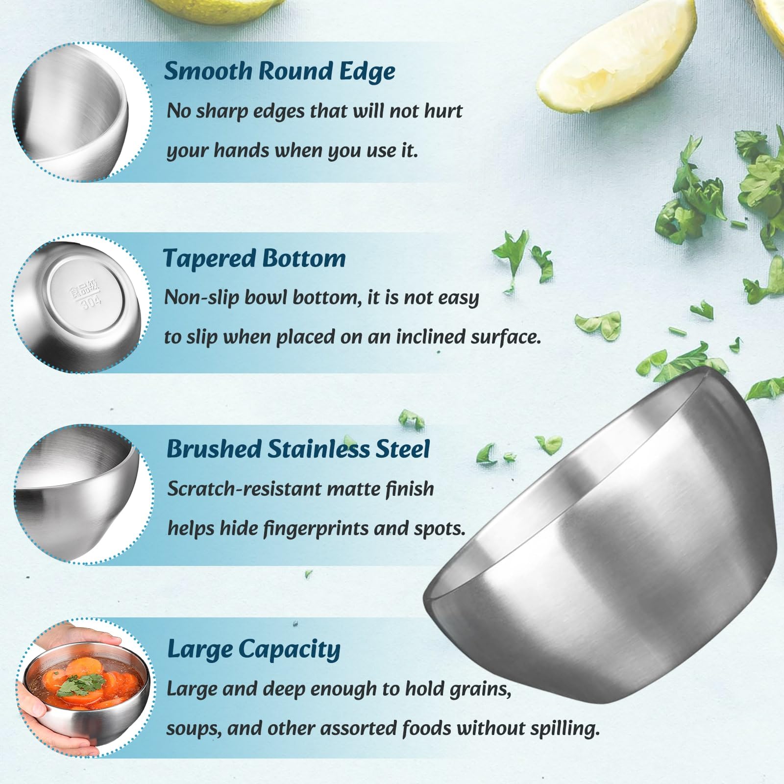 YOUEON 3 Pack 28 Oz SUS304 Brushed Stainless Steel Bowls, Double Wall Insulated Bowls, Stainless Steel Soup Bowl for Cereal, Ice Cream, Noodle, 6 Inch Bowl Set for Serving, Dishwasher Safe