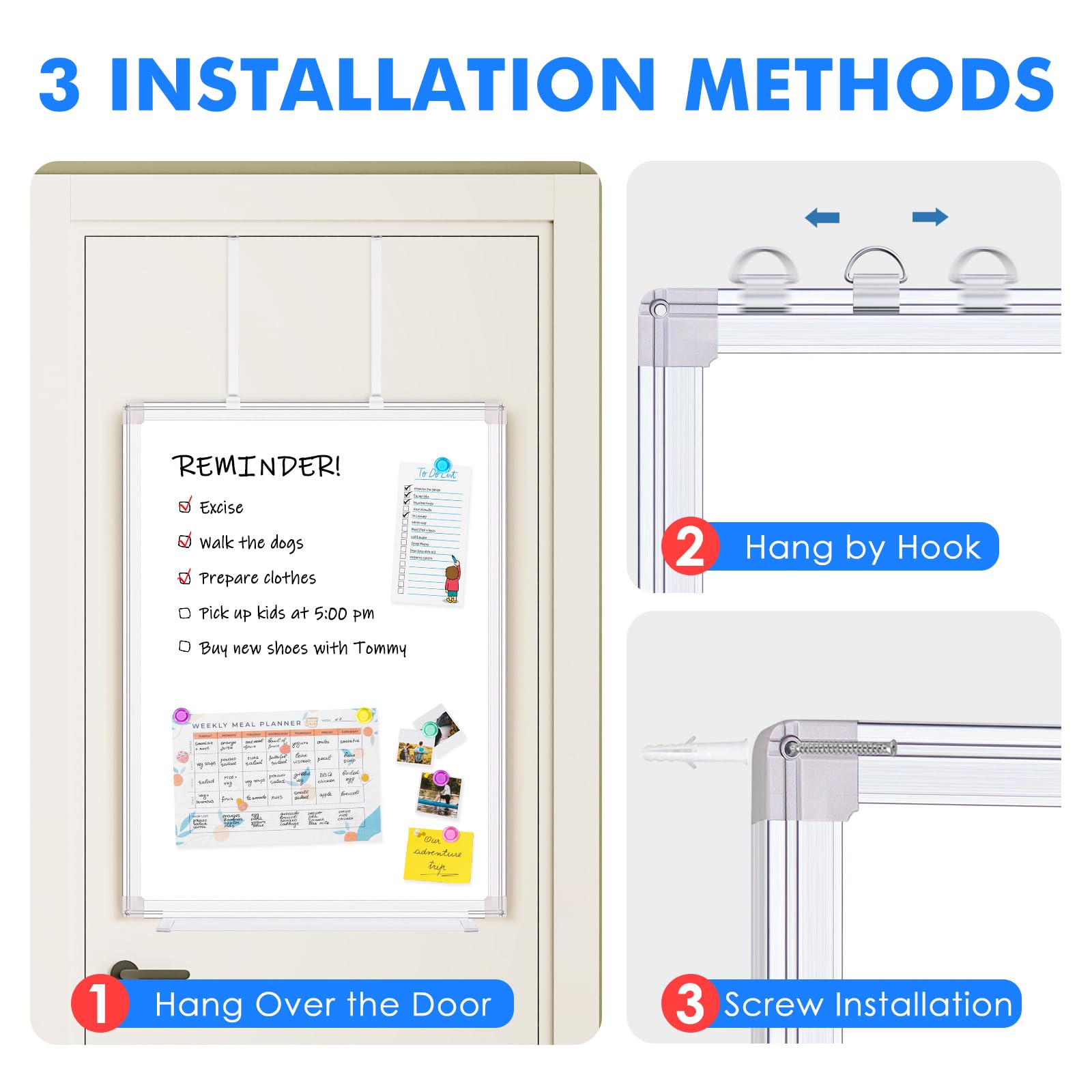 Magnetic Dry Erase Board for Doors, 24x18 Inch Whiteboard with Adjustable Long Arm Hook Mount - Easy to Install, Portable Hanging White Board for Home, Dorm Room, Office Cubicle & Small Spaces