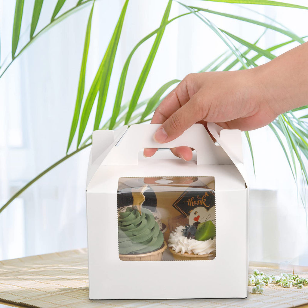 Jucoan 40 Pack Cupcake Containers, 4 Count White Kraft Paper Cupcake Boxes with Insert Window and Handle, Cupcake Holder Bakery Pastry Boxes, Gable Party Favor Treat Boxes for Wedding Birthday Party