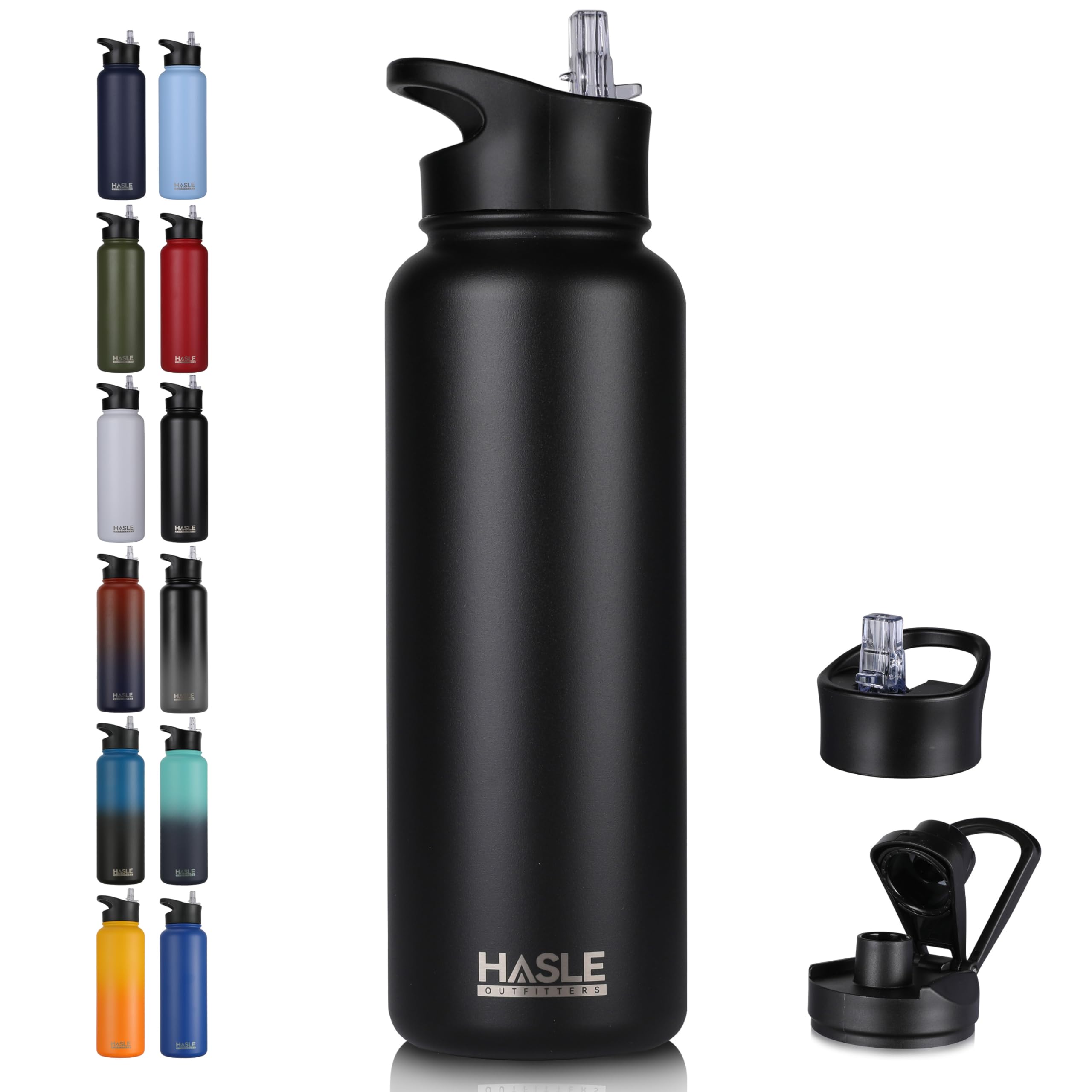 HASLE OUTFITTERS 40oz Stainless Steel Water Bottle, Vacuum Insulated Double Walled Leak Proof Sports Water Bottle with 2 Lids (Straw and Spout Lid) Thermo Mug Keep Cold and Hot(Black,1)