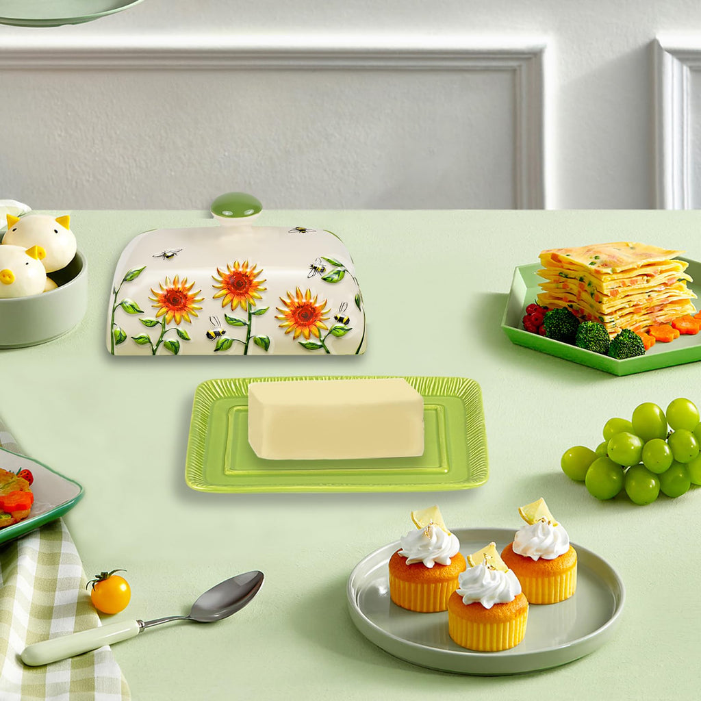 Butter Dish with Lid for Countertop, Sunflower Butter Keeper Holder, 7.5”x4.3” Large Ceramic Butter Tray Storage Sunflower Decor Mother's Day Gifts