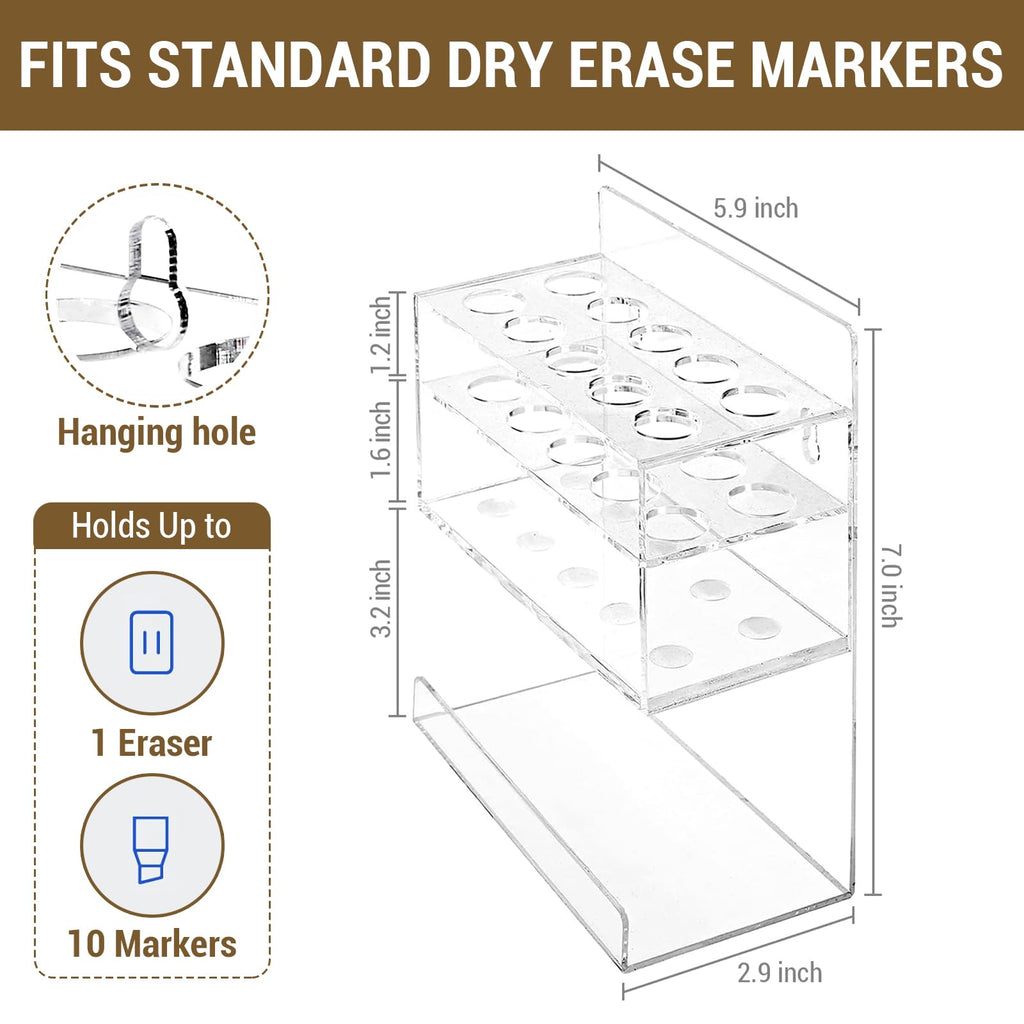 MyGift Wall-Mounted 2-Tier Clear Acrylic 10-Slot Dry Erase Whiteboard Marker and Eraser Holder Stand