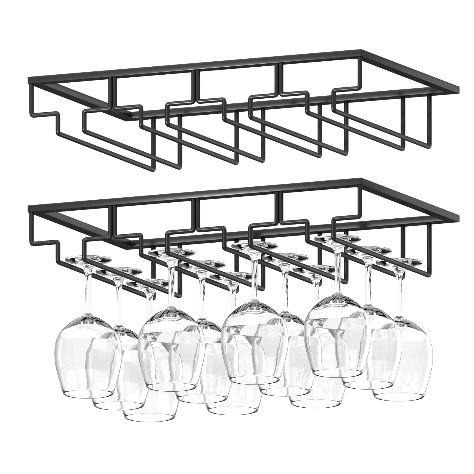 Wine Glass Rack - 4 Row Under Cabinet Stemware Wine Glass Holder - Glasses Storage Hanger for Bar Kitchen, Metal Organizer for Brandy, Margarita, Martini Glasses & More - 2 Pack, Black