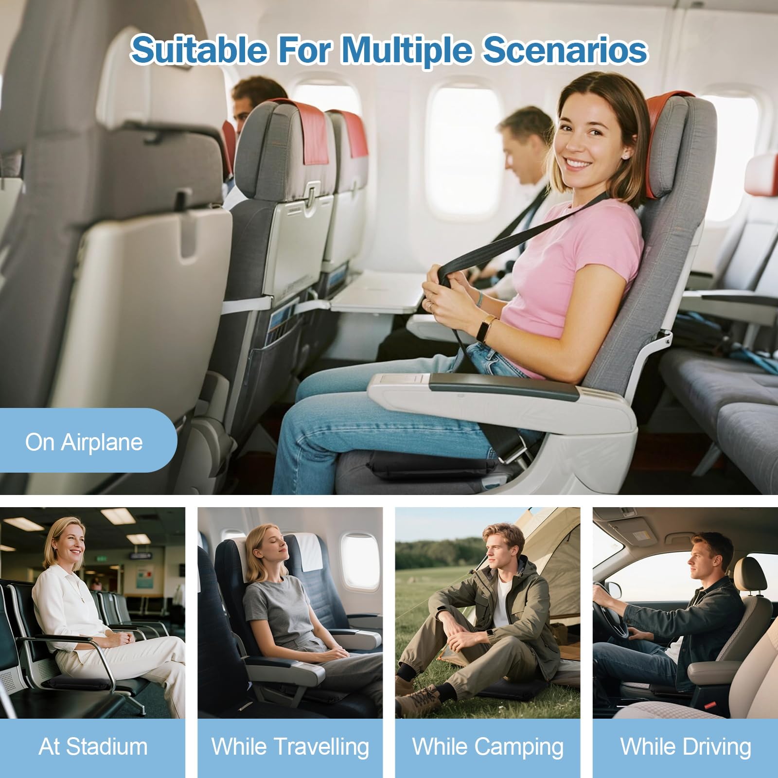 Self-Inflating Airplane Seat Cushion for Long Flights – Portable Travel Cushion Airplane Seat - Memory Foam Travel Seat Cushion Providing Pressure Relief and Premium Comfort (Black)