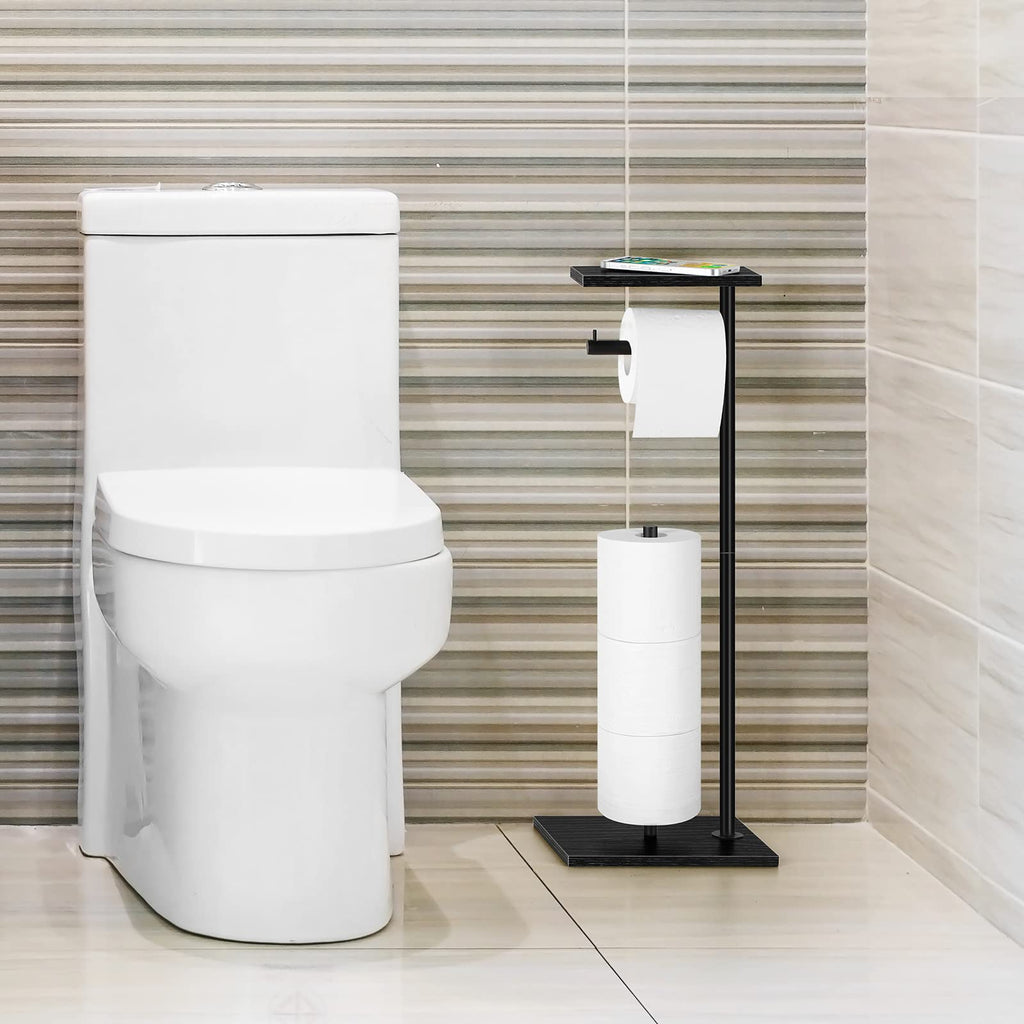 YBING Toilet Paper Holder Stand with Top Storage Shelf Black Toilet Roll Paper Holder Free Standing Tissue Holder Stand Bathroom Standing Toilet Roll Dispenser Storage Wood