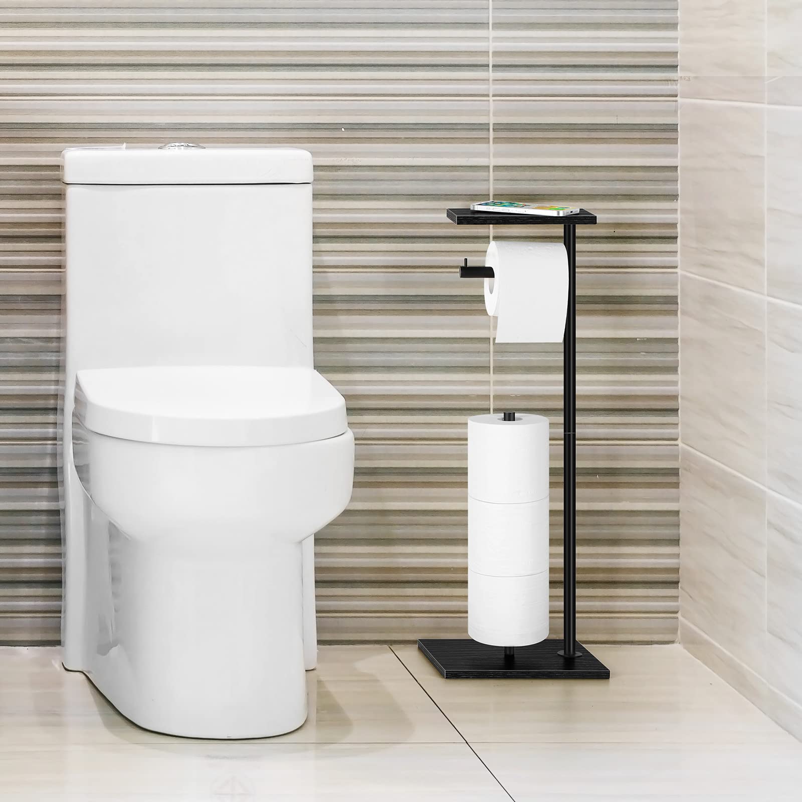 YBING Toilet Paper Holder Stand with Top Storage Shelf Black Toilet Roll Paper Holder Free Standing Tissue Holder Stand Bathroom Standing Toilet Roll Dispenser Storage Wood