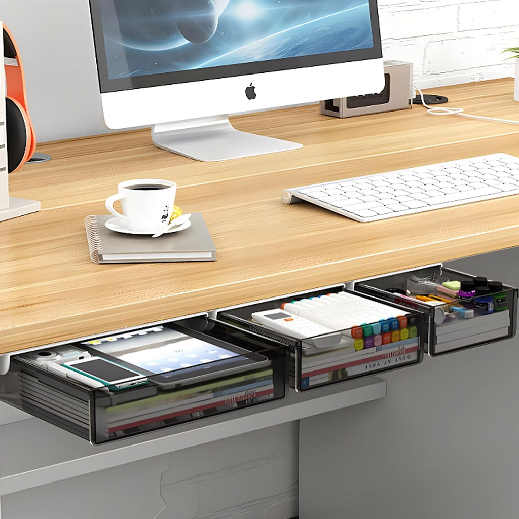 SVNNELP Under Desk Table Drawer Storage Organizer,3 Pack Large & Medium & Small Slide Out Desk Drawers - Hidden Desktop Organizer,Attachable Pencil Storage Tray Under Table(Clear Black), S+M+L