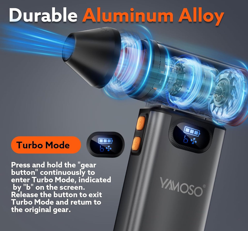 YAMOSO Electric Compressed Air Duster, 180000RPM Electric Air Duster, 4-Speed Adjustable Cordless Dust Blower with 8000mAh Battery, Mini Blower for PC, Keyboard, Car, Home, Outdoors and Car Cleaning