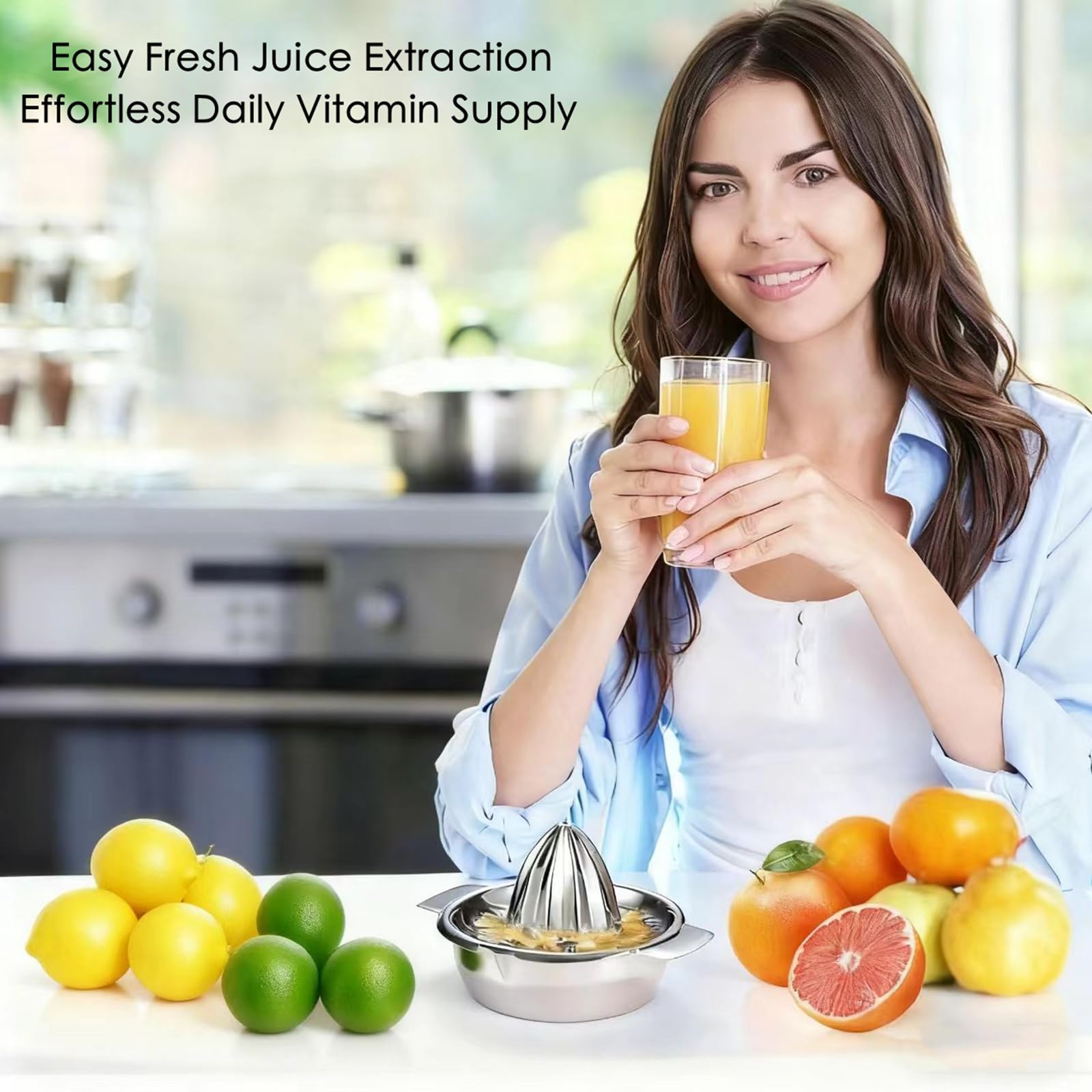 Citrus Lemon Orange Grapefruit Juicer Manual Stainless Steel 304 Anti-Rust Metal Hand Press Fruit Squeezer with Juice Strainer＆12 OZ Bowl with 2 Spouts, Dishwasher Safe, Easy to Clean, Heavy Duty