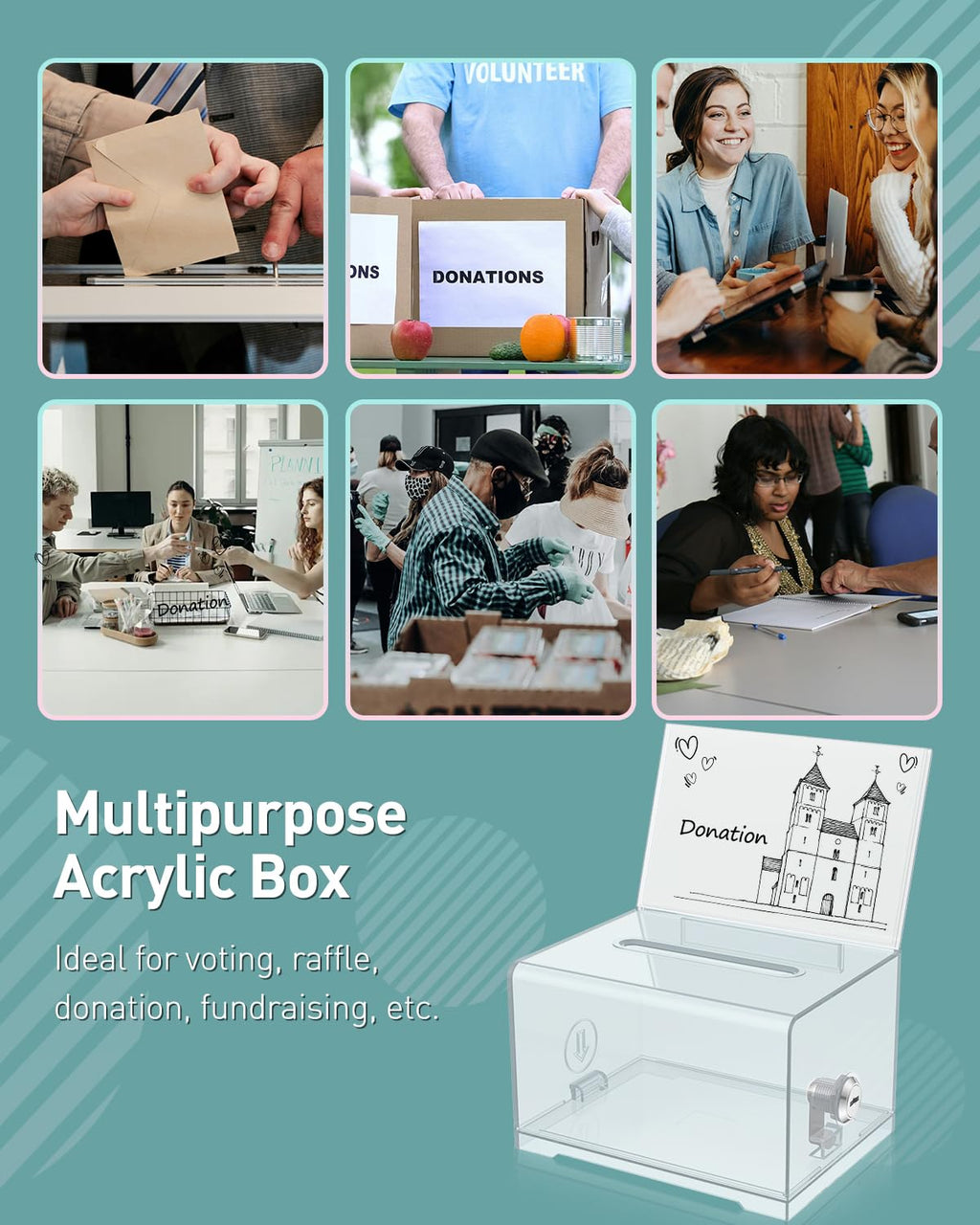 Uniclife 2 Pcs Acrylic Donation Box with Lock and Sign Holder Clear Ballot Box with Slot Plastic Suggestion Boxes Storage for Fundraising Voting Charity Tip Collection,15.7x11.9x10.16