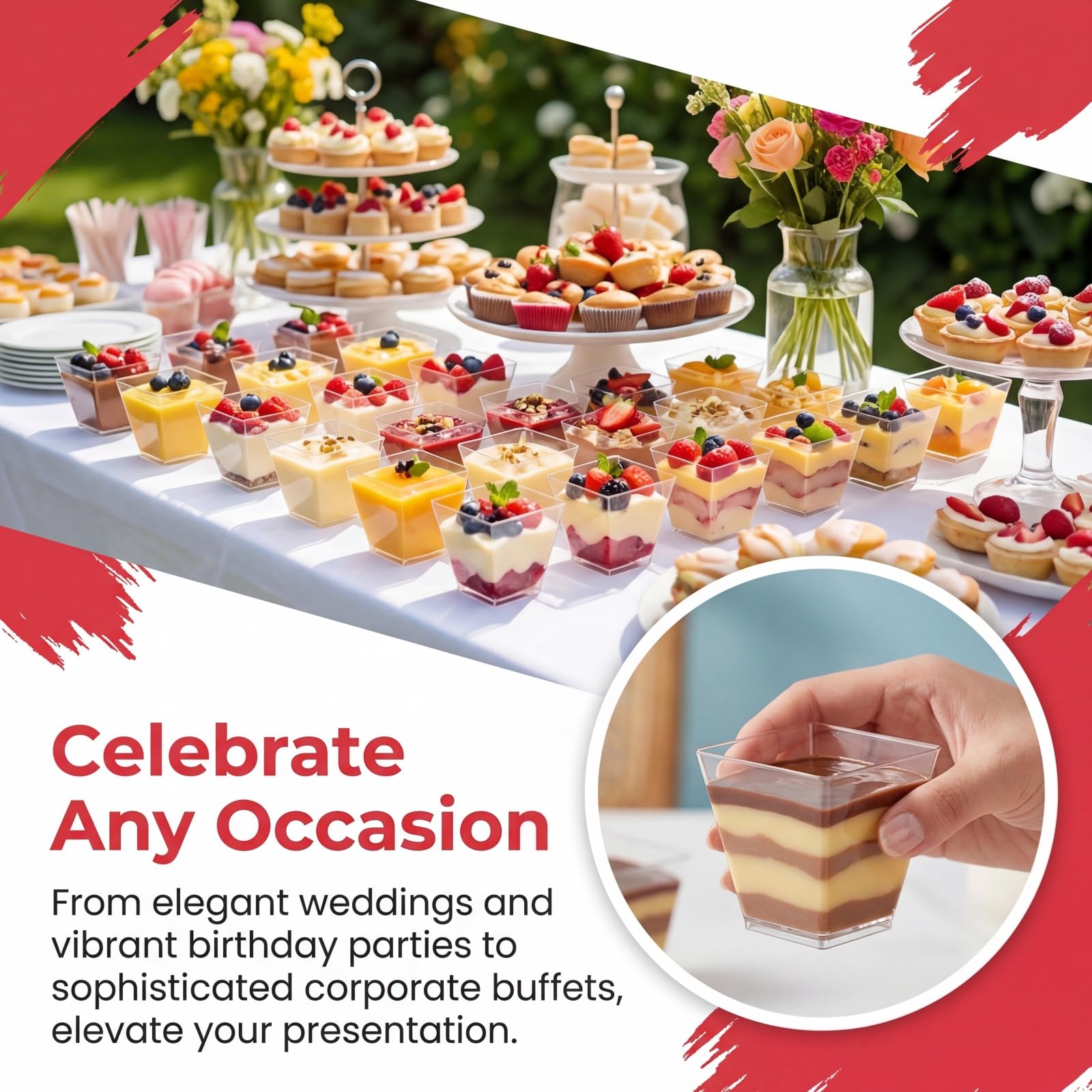 Lyellfe 100 Pack 4 Oz Dessert Cups with Spoon, Clear Plastic Cups, Mini Reusable Square Parfait Shooters Cups for Appetizer, Ice Cream, Pudding, Tasting Party