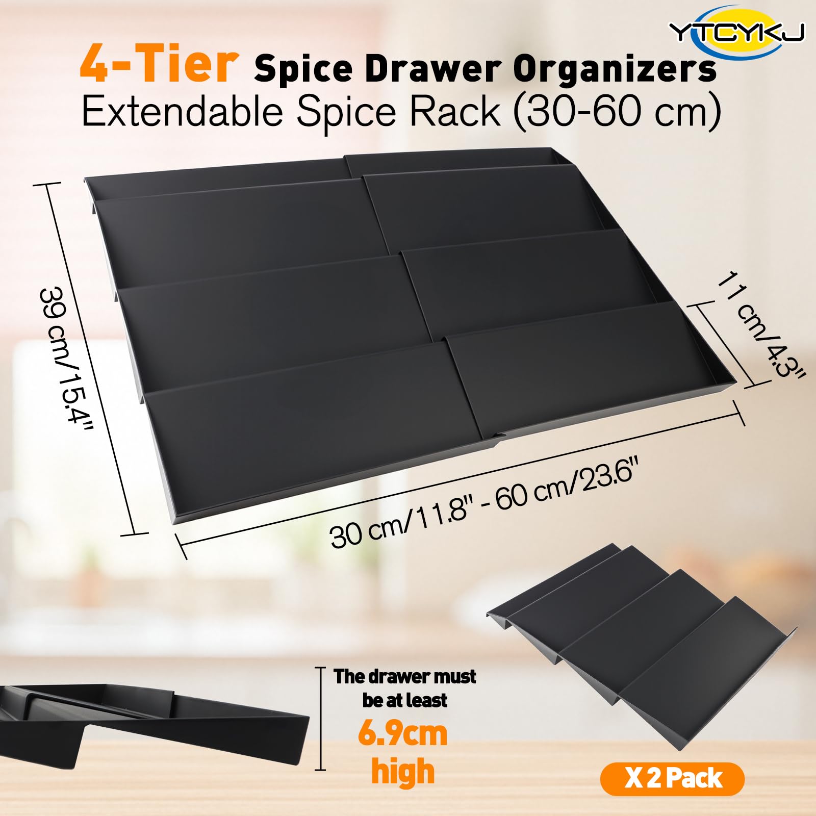 Spice Drawer Organizer with 180 Labels,4 Tier 2 Pack Drawer Seasoning Organizer with Guardrail,Spice Rack Organizer Expandable from 30 cm to 60 cm for Kitchen Drawers,Cabinets,Countertop