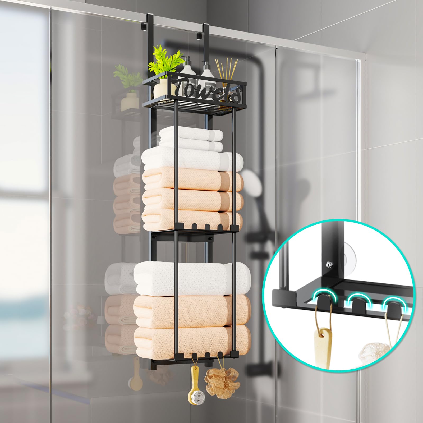 HapiRm Towel Rack Bathroom Storage - 3 Tier Over The Door & Wall Mounted Rolled Towel Rack Holder Organizer with Metal Shelf and 6 Hooks for Small Bathroom, Camper, Rv - Black