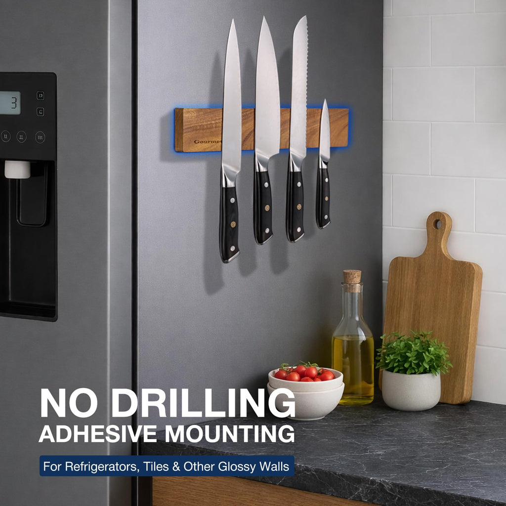 Gourmetop Magnetic Knife Holder for Wall 12", Knife Magnetic Strip No Drilling, Acacia Wood Magnetic Knife Strip for Kitchen Organizer, Strong Knife Magnet&Knife Rack for Kitchen Utensil Organizer