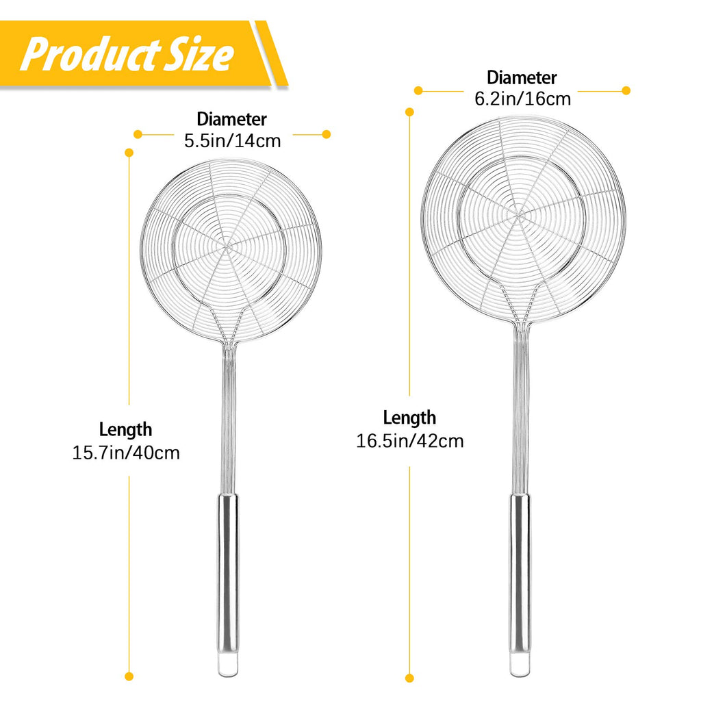 Pack of 2 Ladle Strainers,Stainless Steel Mesh Spoon, Wire Food Handled Basket for Cooking, Frying, Boiling Noodles, Dumplings, Pasta, Long Handle