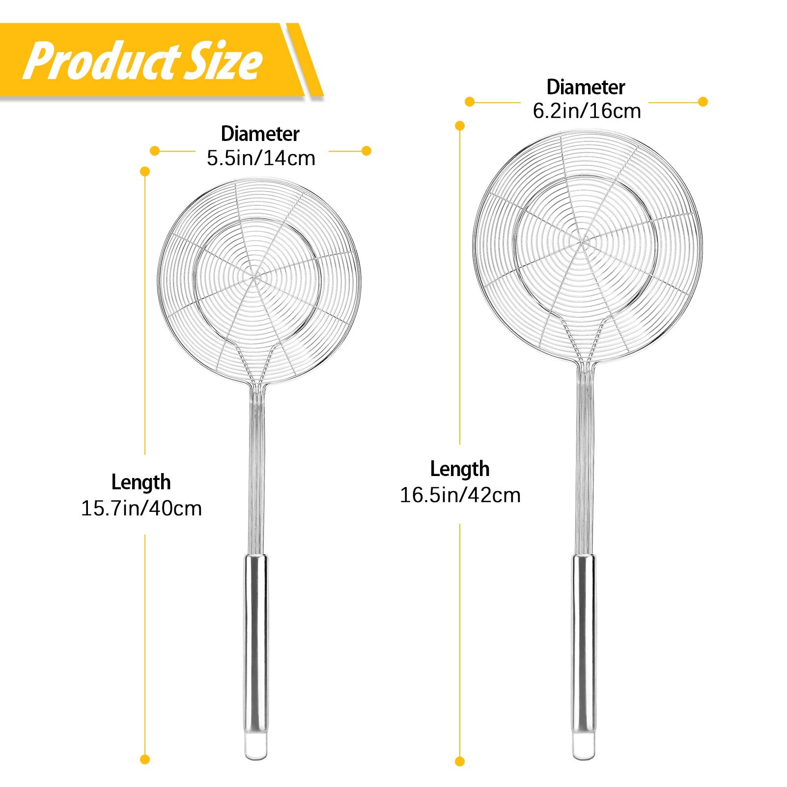 Pack of 2 Ladle Strainers,Stainless Steel Mesh Spoon, Wire Food Handled Basket for Cooking, Frying, Boiling Noodles, Dumplings, Pasta, Long Handle