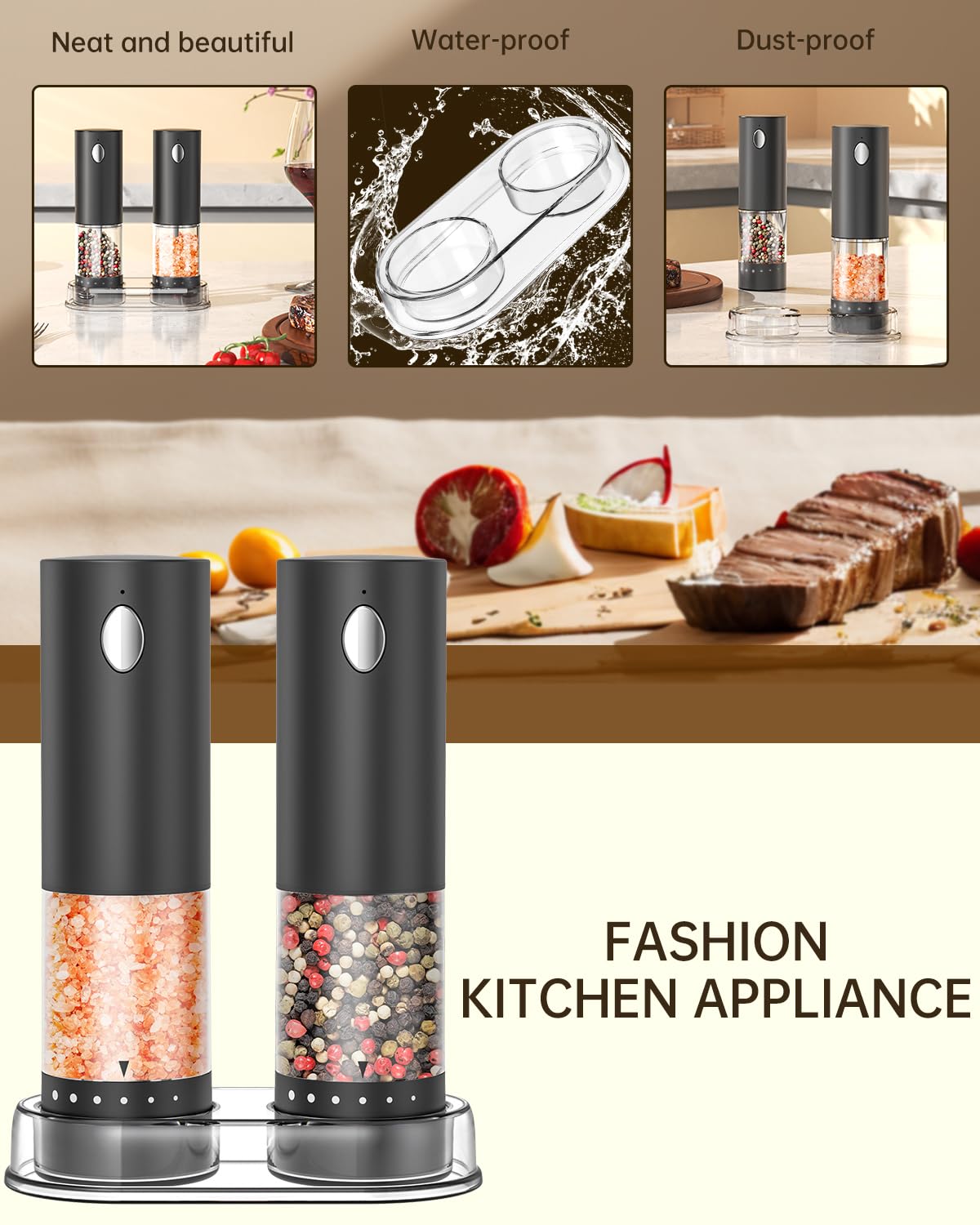 CIRCLE JOY Electric Salt and Pepper Grinder Set with 6 Levels External Adjustable Coarseness, Dustproof Storage Base, Automatic Pepper Mill Shakers Set for Kitchen, White LED Light, Black