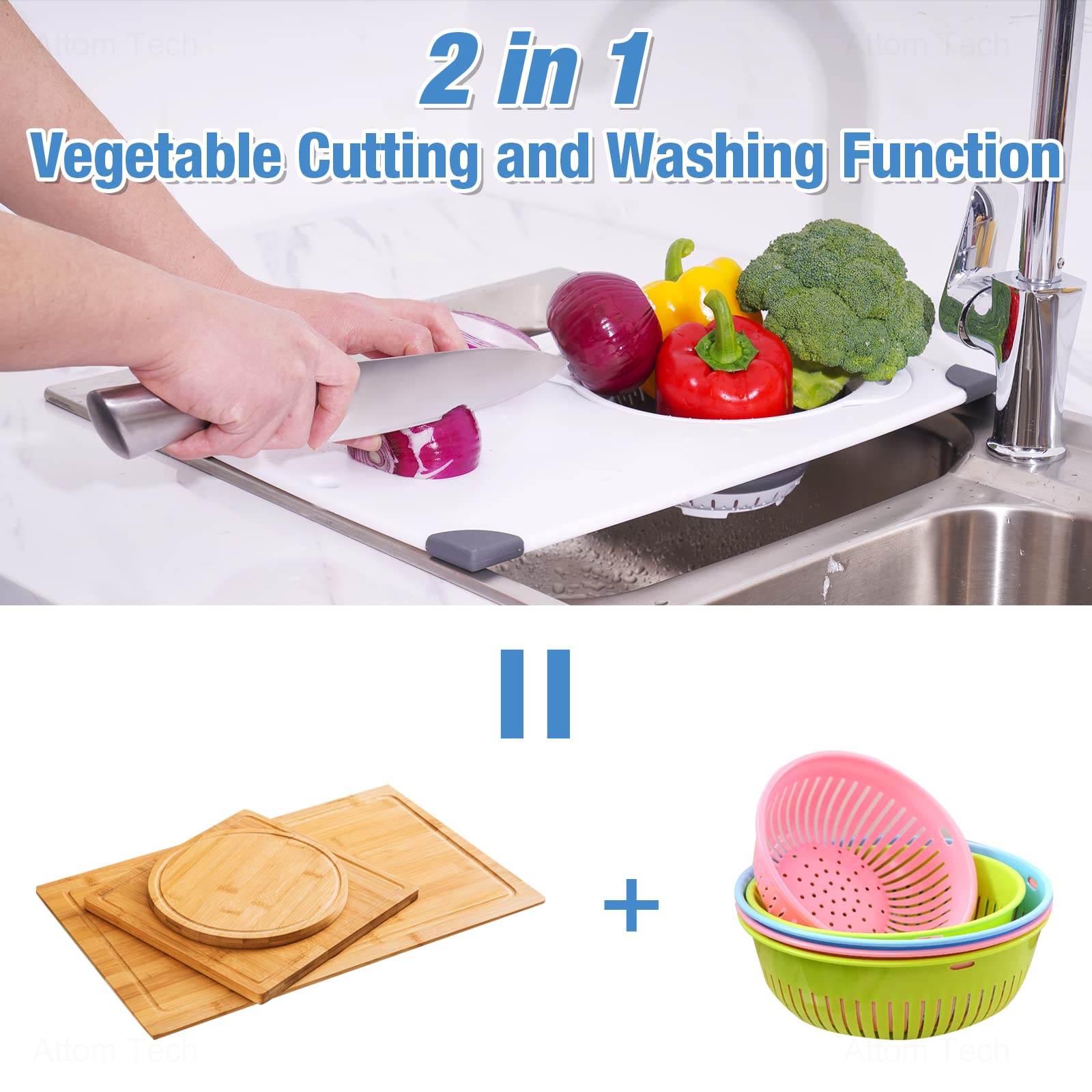 NiHome Over the Sink Cutting Board with Collapsible Colander, 2-In-1 Sink Drainer Board 11"x17.7" Anti-Slip Cutting Board and Detachable Draining Basket with Ergonomic Handle PP Plastic and TPR Rubber