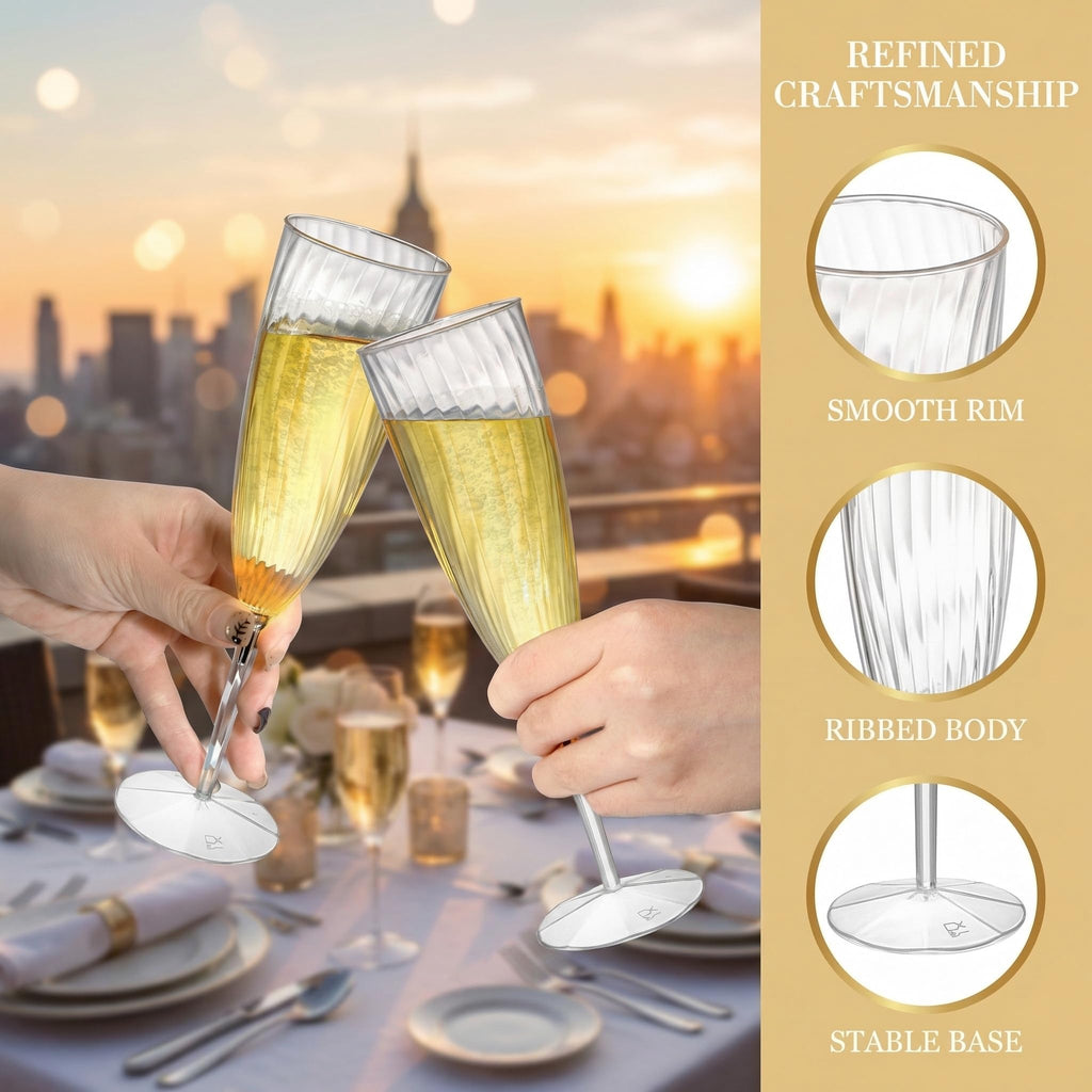 Tebery 18 Pack Clear Plastic Champagne Flute, 6 Oz Shatterproof Wine Toasting Glasses, BPA-Free Ribbed Champagne Tasting Flutes for Party Wedding Cocktails Mimosas Daily Life