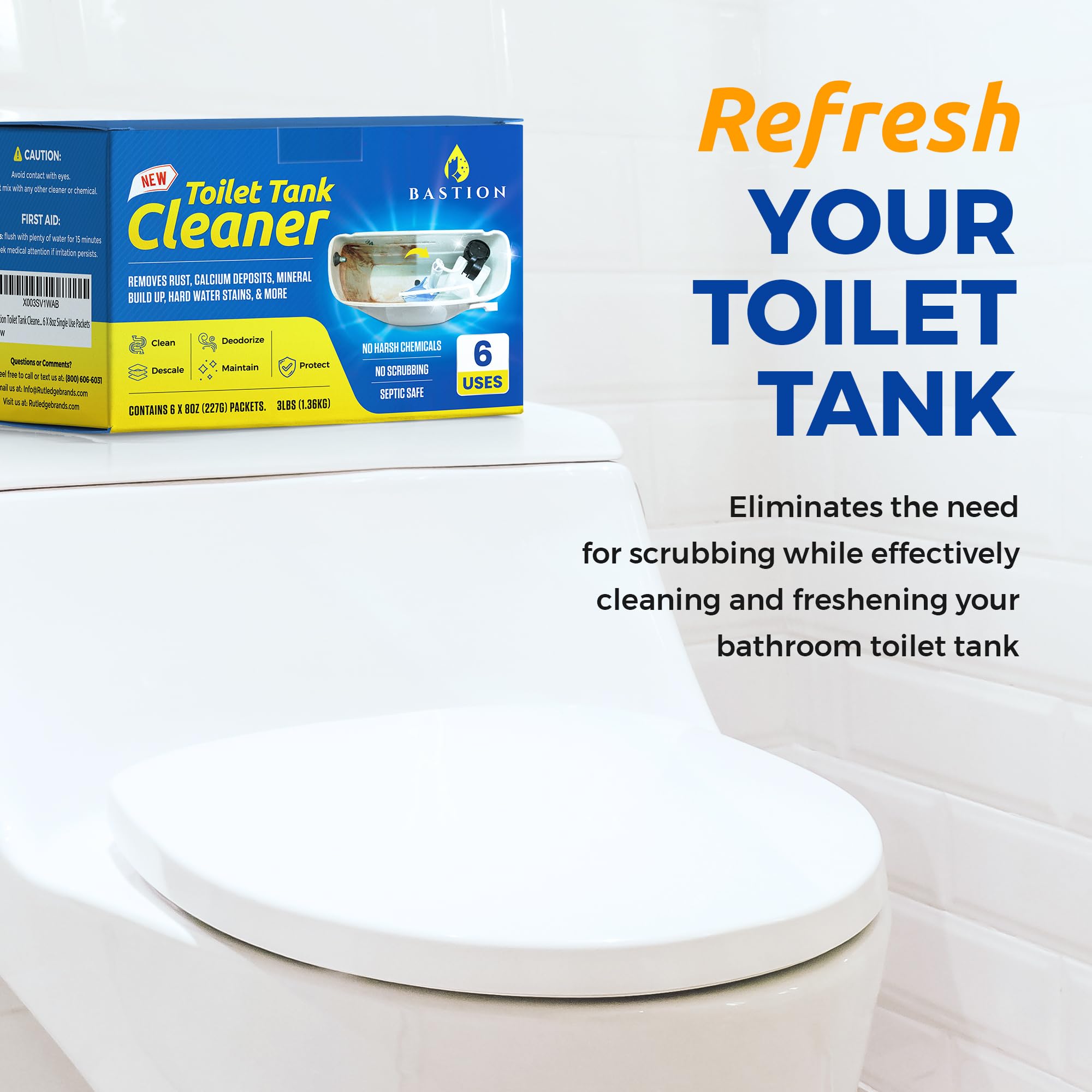 Bastion Toilet Tank Cleaner - 6-Uses. Removes Rust, Minerial Deposits, Hard Water Stains, & Calcium Build Up. Contains 6 X 8oz Single Use Packets