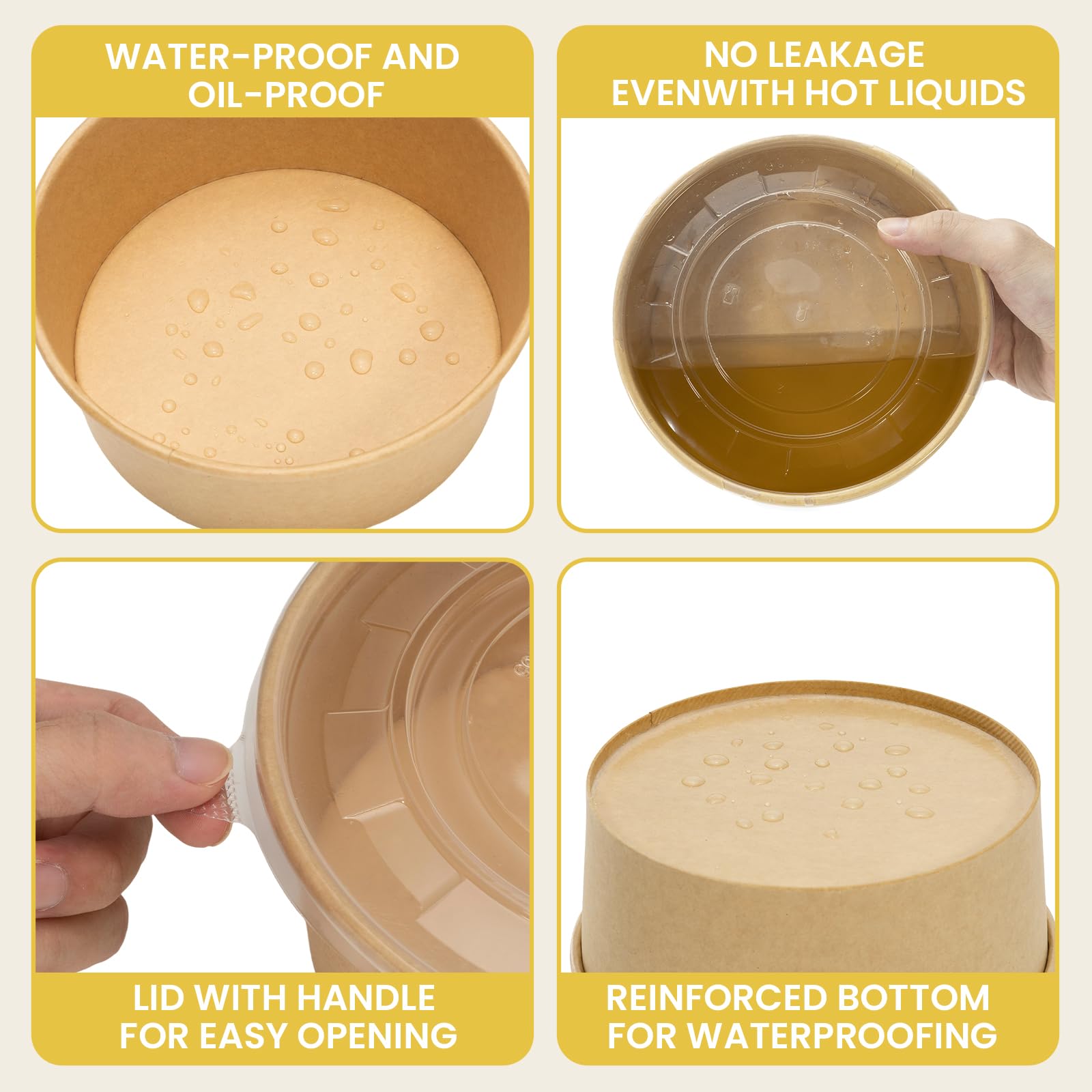 50 Count 36 oz Large Disposable Paper Bowls with Lids, Salad Containers for Lunch, Paper Meal Prep Containers for Hot & Cold Food, Soup, Ramen, Salad