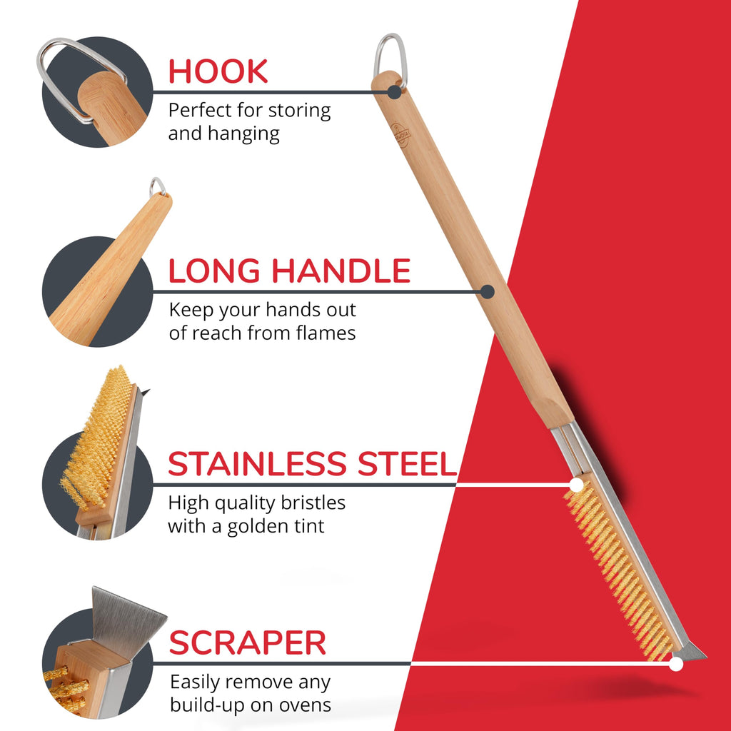 22” Pizza Oven Brush with Stone Scraper - Stainless Steel Bristles, Extra Long Handle, Heat-Resistant - Compatible with Ooni Ovens