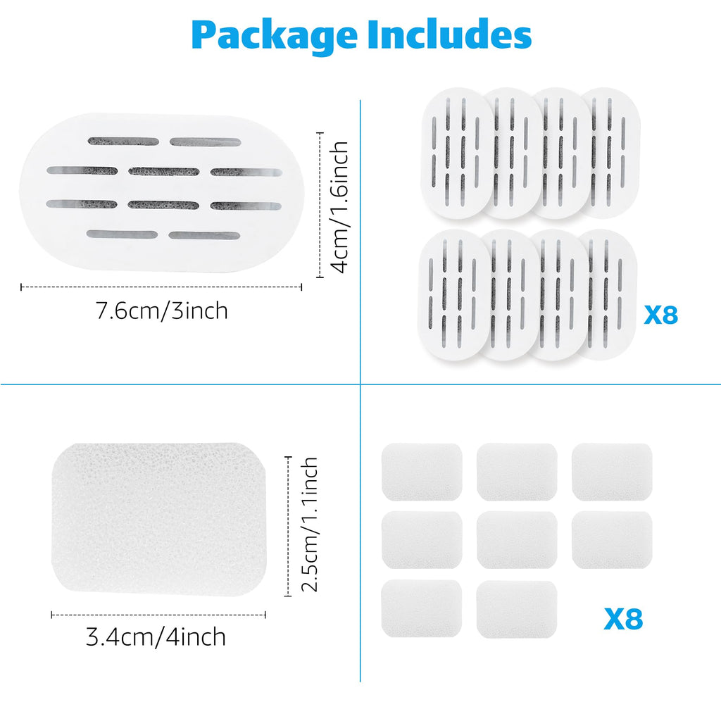 MISFANS Ceramic Cat Water Fountain Filters, 8 Pack Replacement Filters & 8 Pack Replacement Pre-Filter Sponges Set for MISFANS and Other Ceramic Pet Fountain Water Dispenser