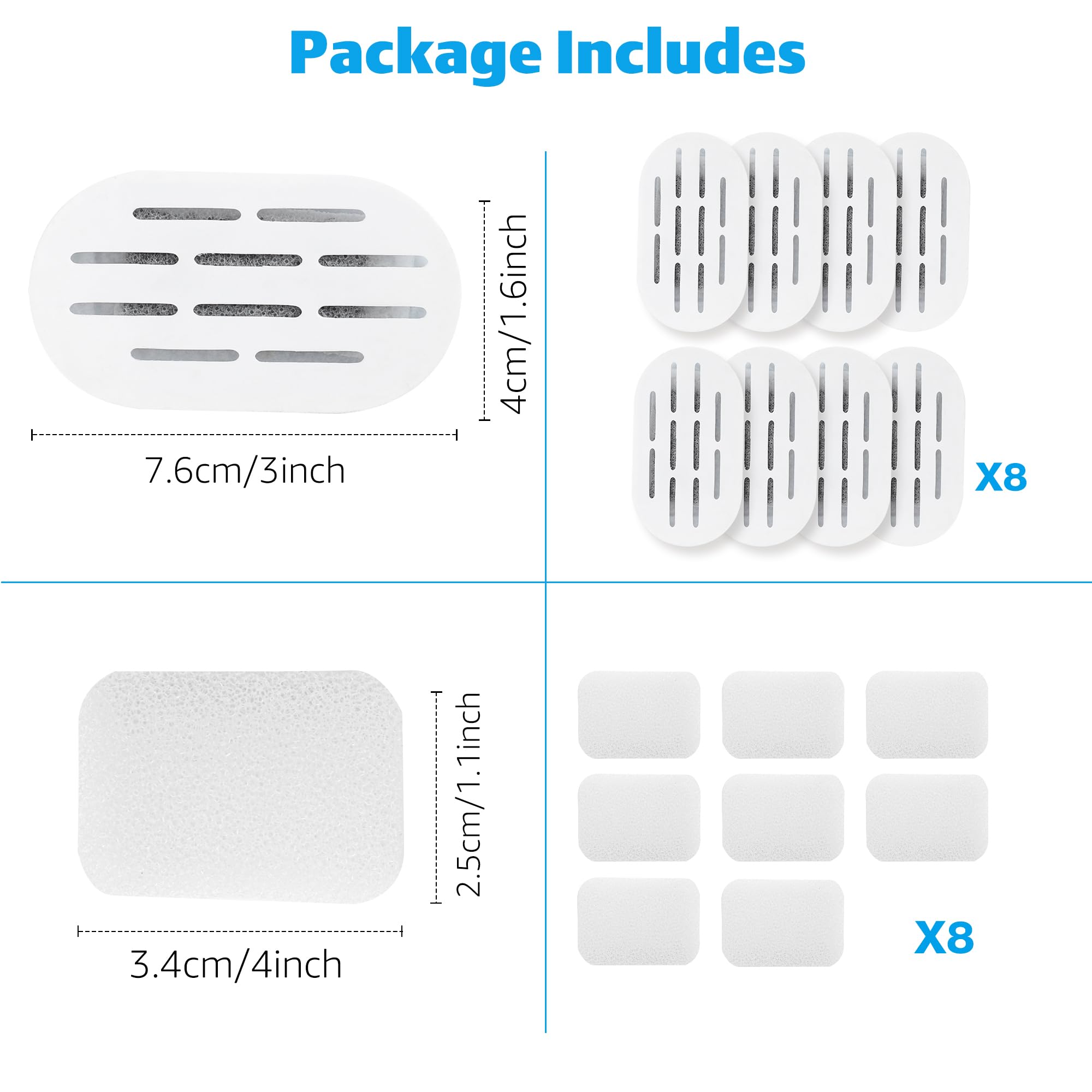 MISFANS Ceramic Cat Water Fountain Filters, 8 Pack Replacement Filters & 8 Pack Replacement Pre-Filter Sponges Set for MISFANS and Other Ceramic Pet Fountain Water Dispenser