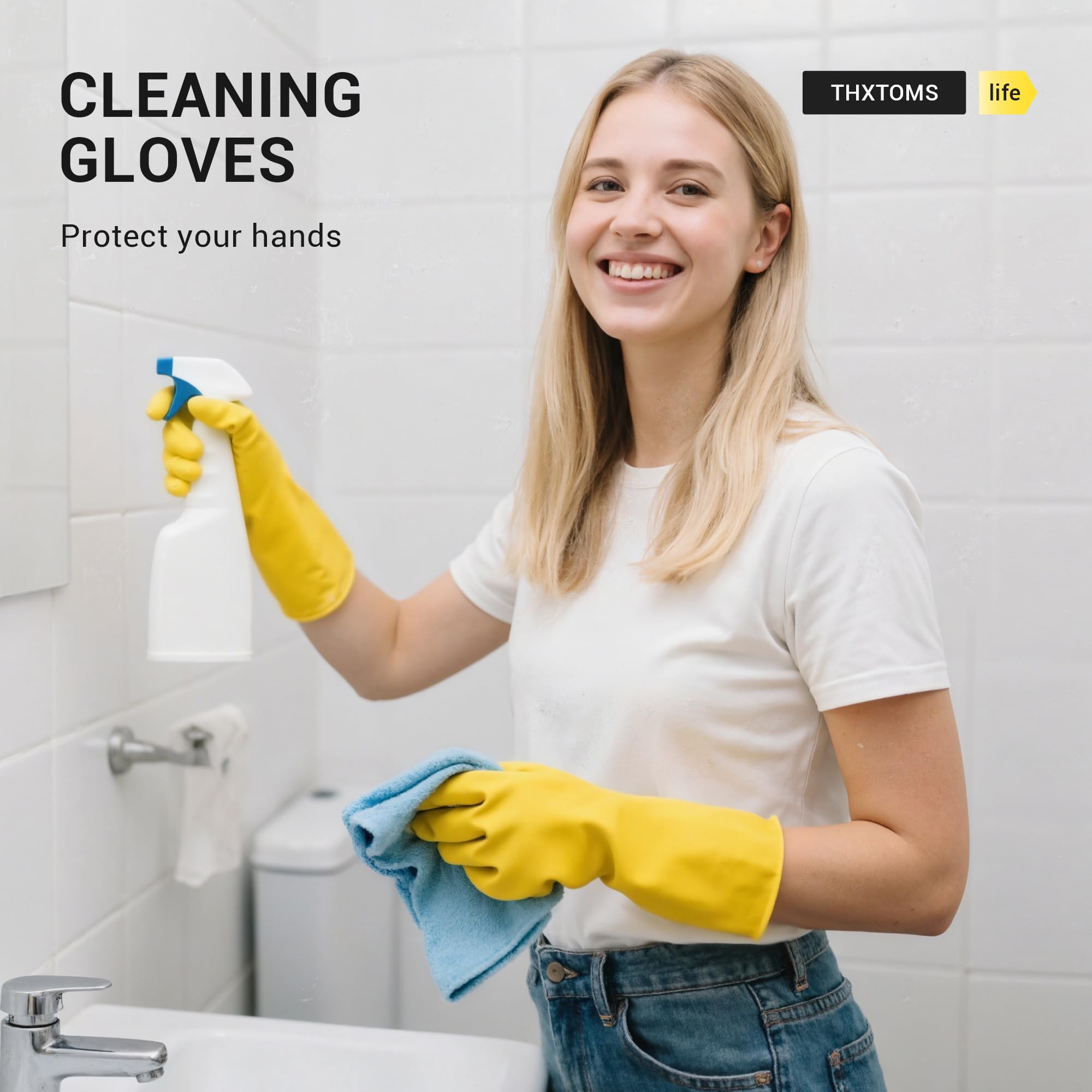 ThxToms 10 Pairs Rubber Cleaning Gloves, Reusable Household Dishwashing Gloves for Women Men, Kitchen and Bathroom Cleaning, Gardening, Pet Care, Extra Thickness, 20 Mil, 13", Heavy Duty, Non-Slip, M