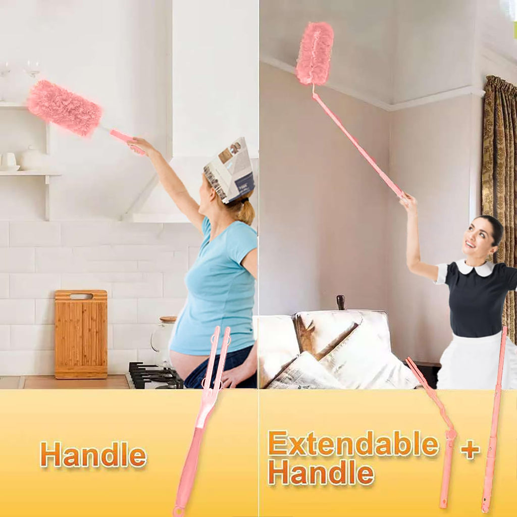 30 Count Pink Duster Refills Compatible with Swiffer Handle, 360° Multi-Surface Duster Refills with 2 Handle, 5X Microfibers Disposable Dusters for Cleaning Pet Hair, Home, Office, Blinds, Furniture