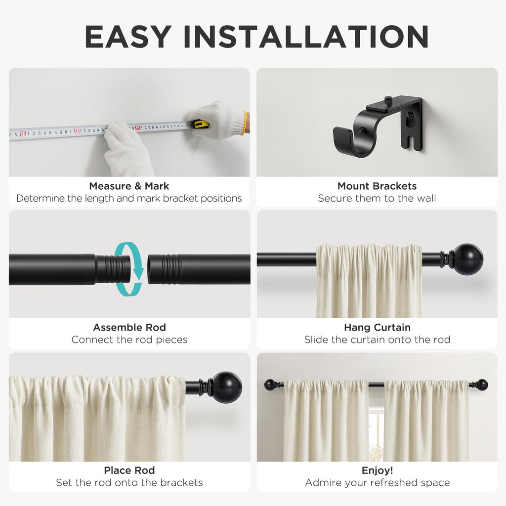 Joydeco Curtain Rod 32 to 88 Inch, 1 Inch Heavy Duty Adjustable Black Drapery Rod with Brackets, Easy Install for Living Room, Bedroom & Kitchen